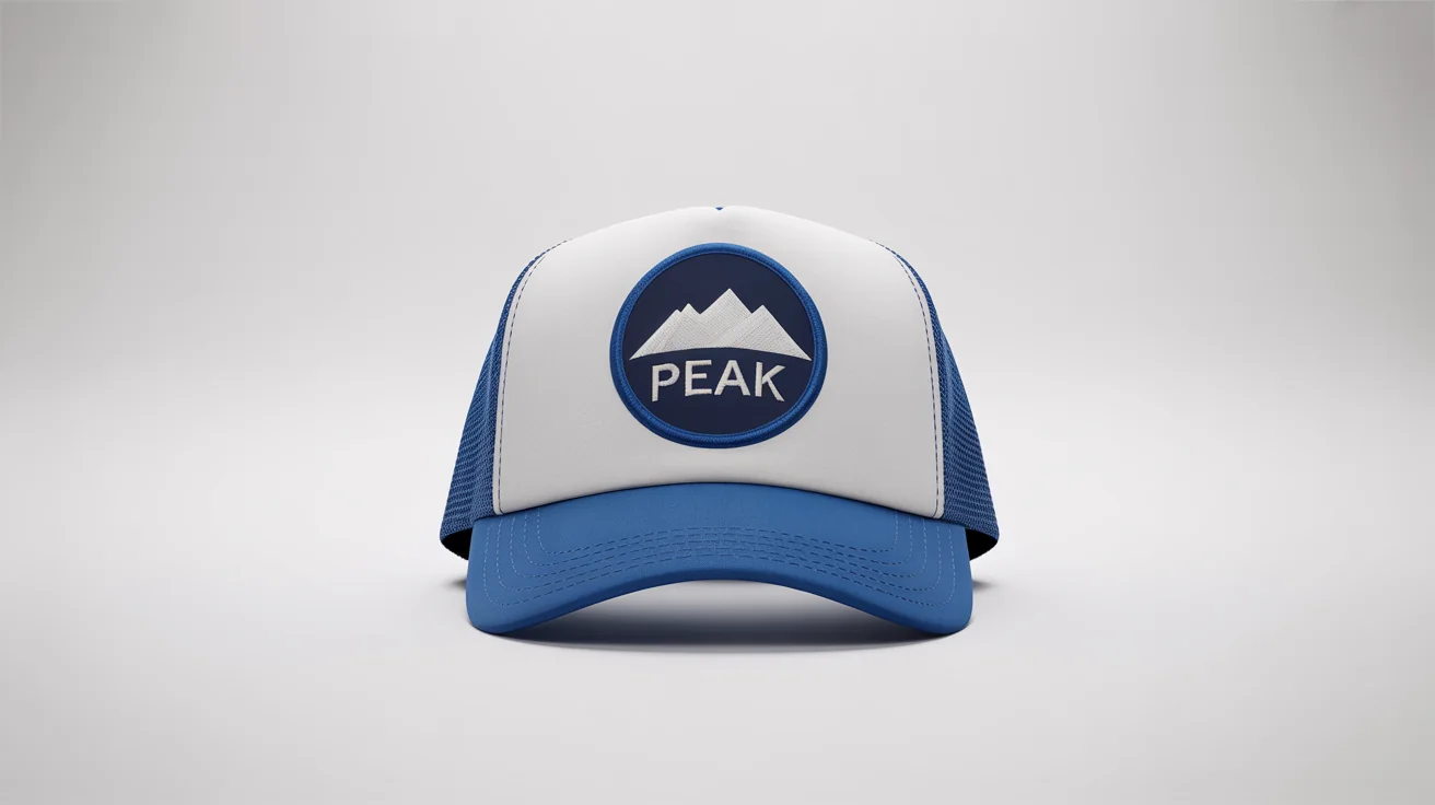 A photorealistic mockup of a classic trucker cap with a white front panel, royal blue mesh, and a circular patch on the front that says 'PEAK' below a mountain graphic.