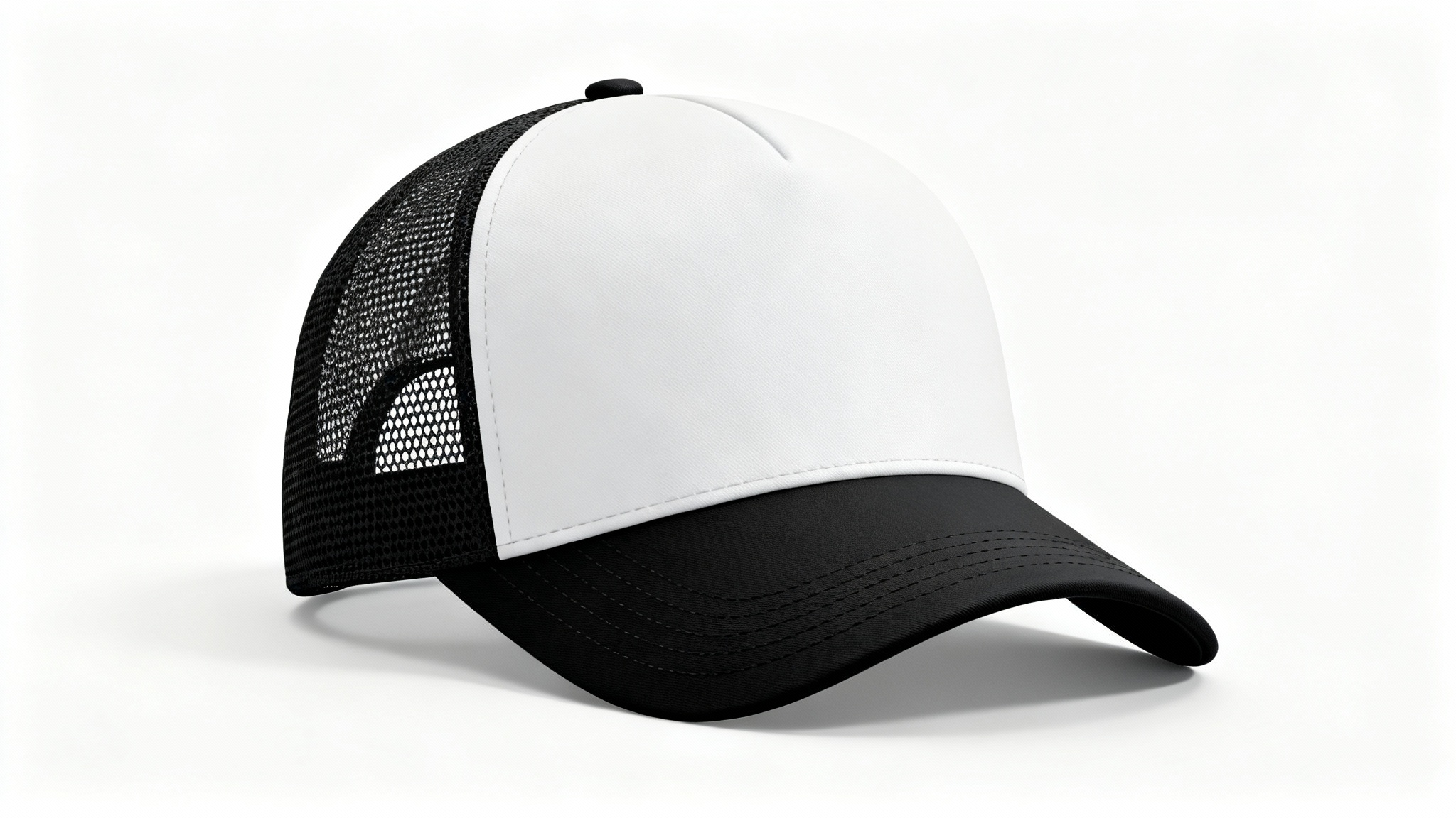 A photorealistic mockup of a black and white trucker cap, viewed from a slight angle, isolated on a plain white background.