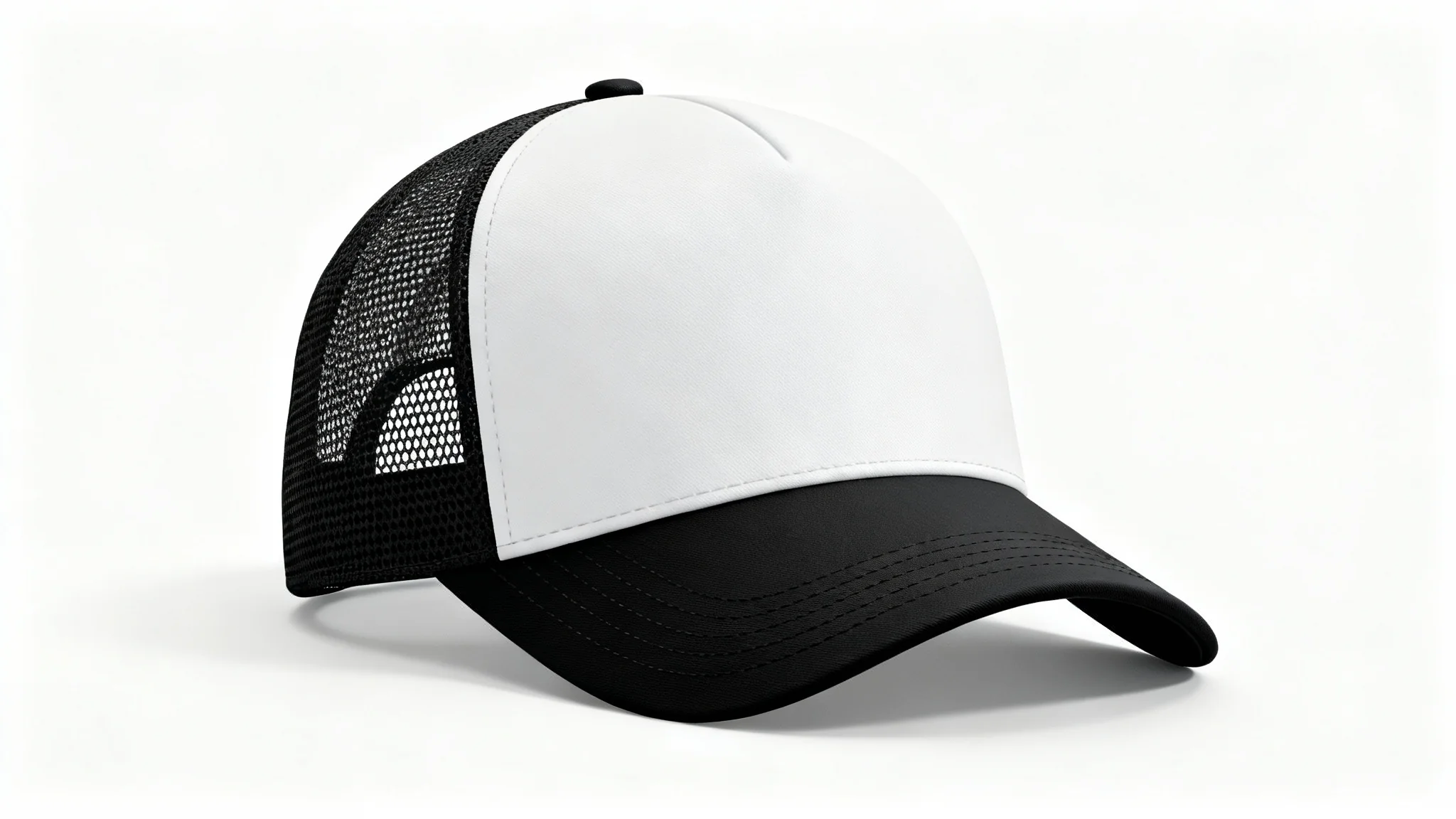 A photorealistic mockup of a black and white trucker cap, viewed from a slight angle, isolated on a plain white background.
