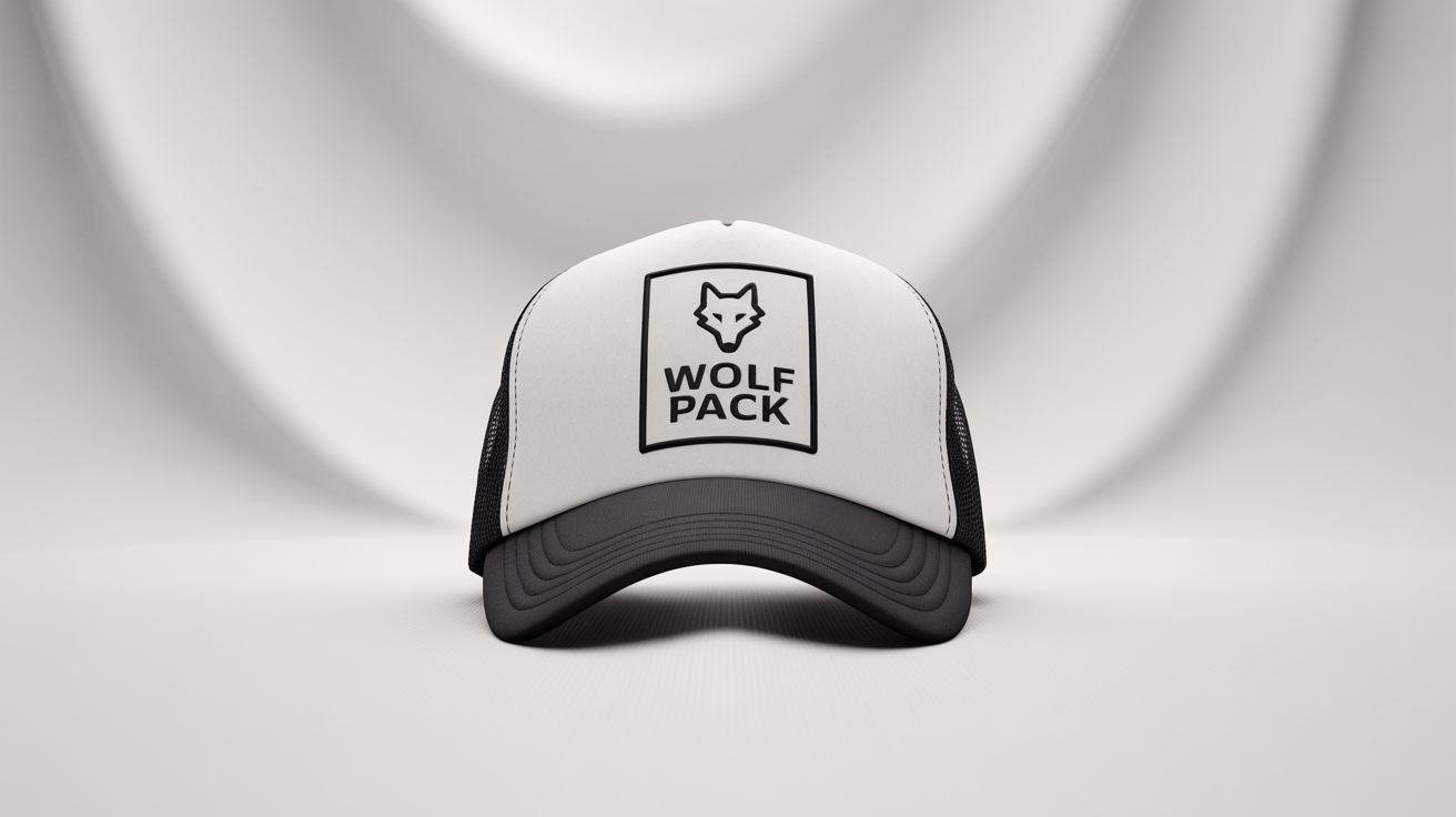 A professional product mockup of a black and white trucker cap with a 'WOLF PACK' logo, displayed on a clean white background.