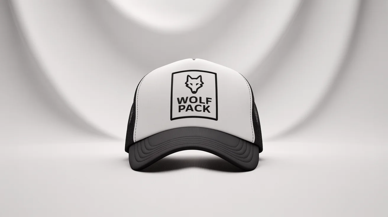 A professional product mockup of a black and white trucker cap with a 'WOLF PACK' logo, displayed on a clean white background.