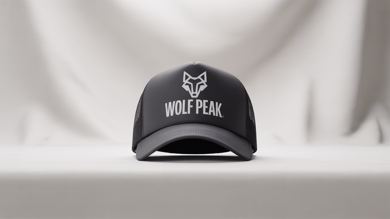 A professional product mockup of a black trucker cap with a white geometric wolf logo and the text 'WOLF PEAK' on the front, set against a plain white background.