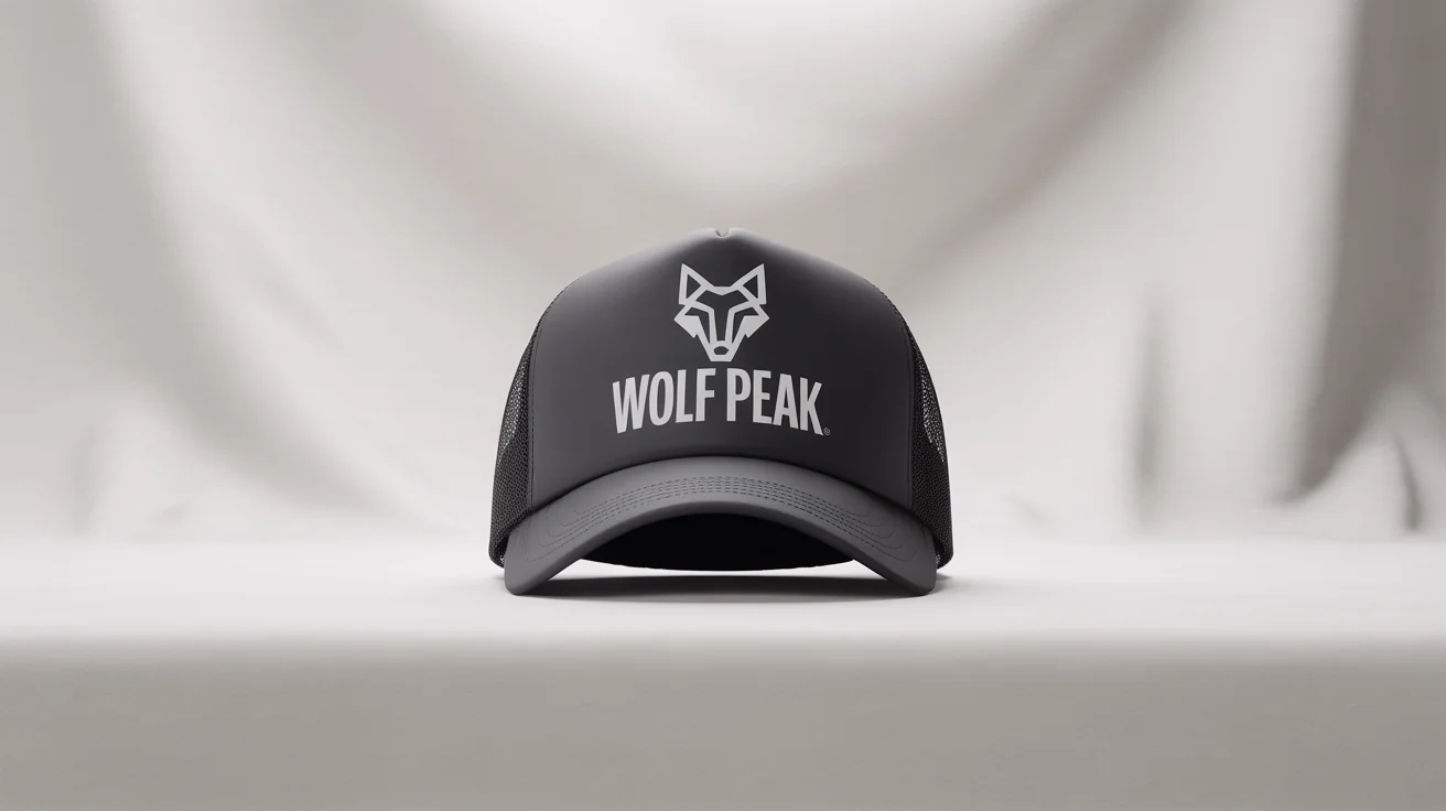 A professional product mockup of a black trucker cap with a white geometric wolf logo and the text 'WOLF PEAK' on the front, set against a plain white background.