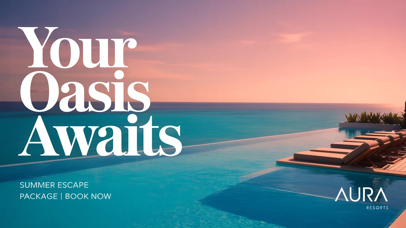 A polished social media ad for a luxury hotel, showing a beautiful resort infinity pool at sunrise with the text 'Your Oasis Awaits' overlaid as the final design.