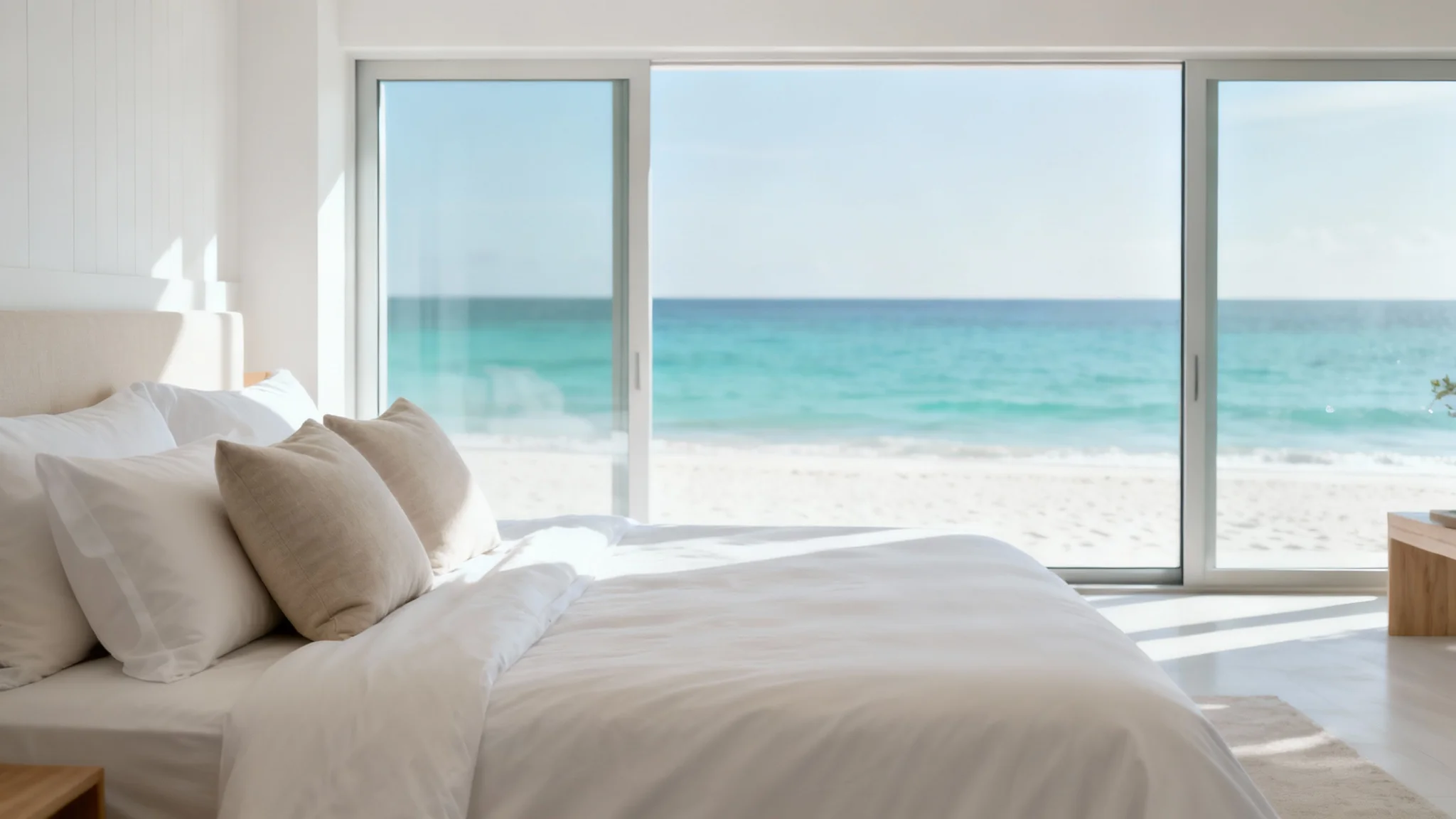 A luxurious and modern hotel room with a neatly made king-sized bed, featuring a large window with a breathtaking view of a tropical beach and turquoise ocean.