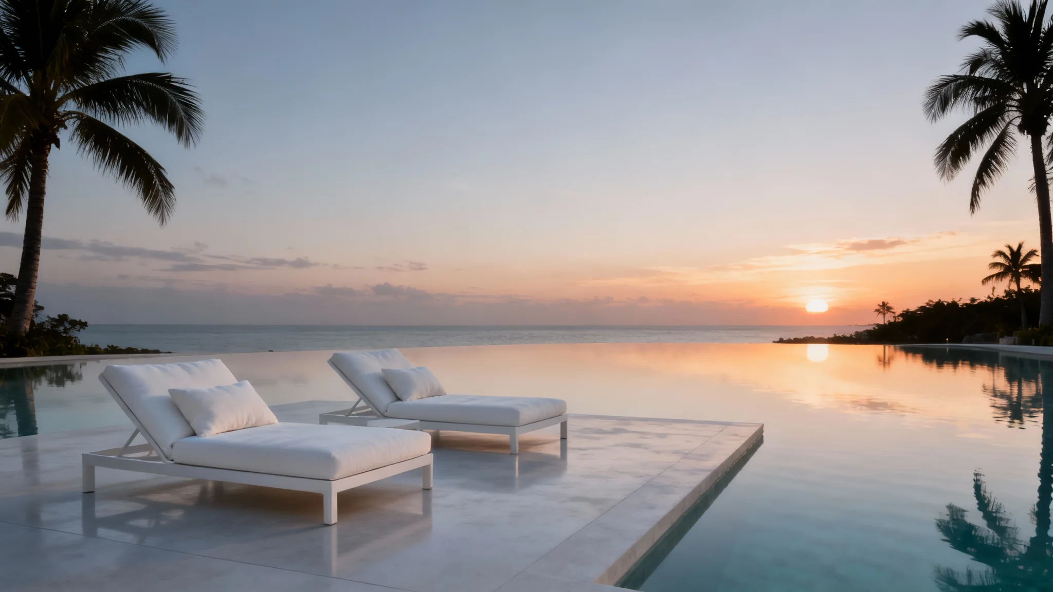 An infinity pool at a luxury hotel at sunset, with empty lounge chairs arranged neatly, creating a feeling of peace and exclusivity.