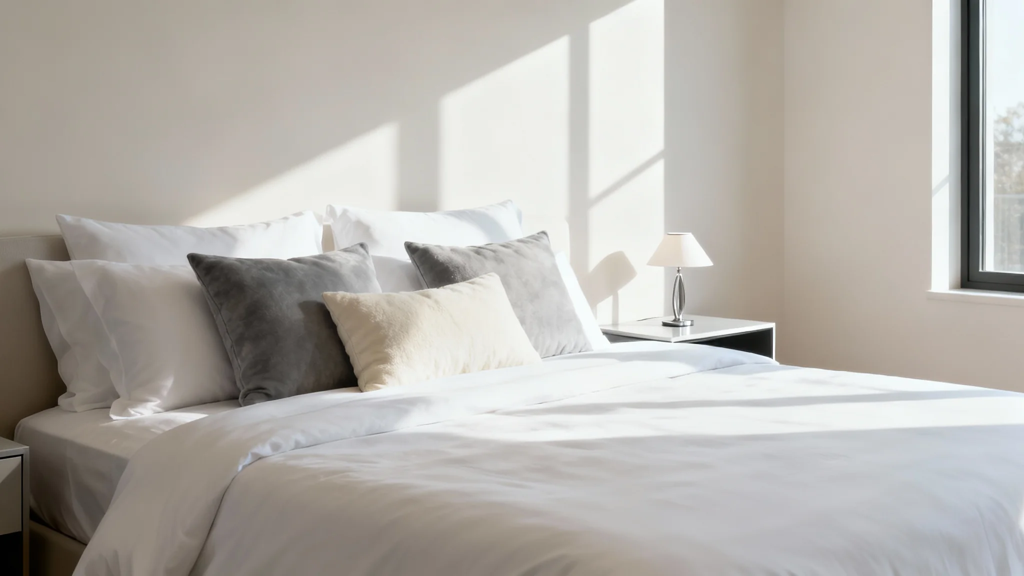 A sunlit, luxurious hotel room with a perfectly made king-size bed featuring crisp white linens and elegant pillows, conveying a sense of comfort and serenity.