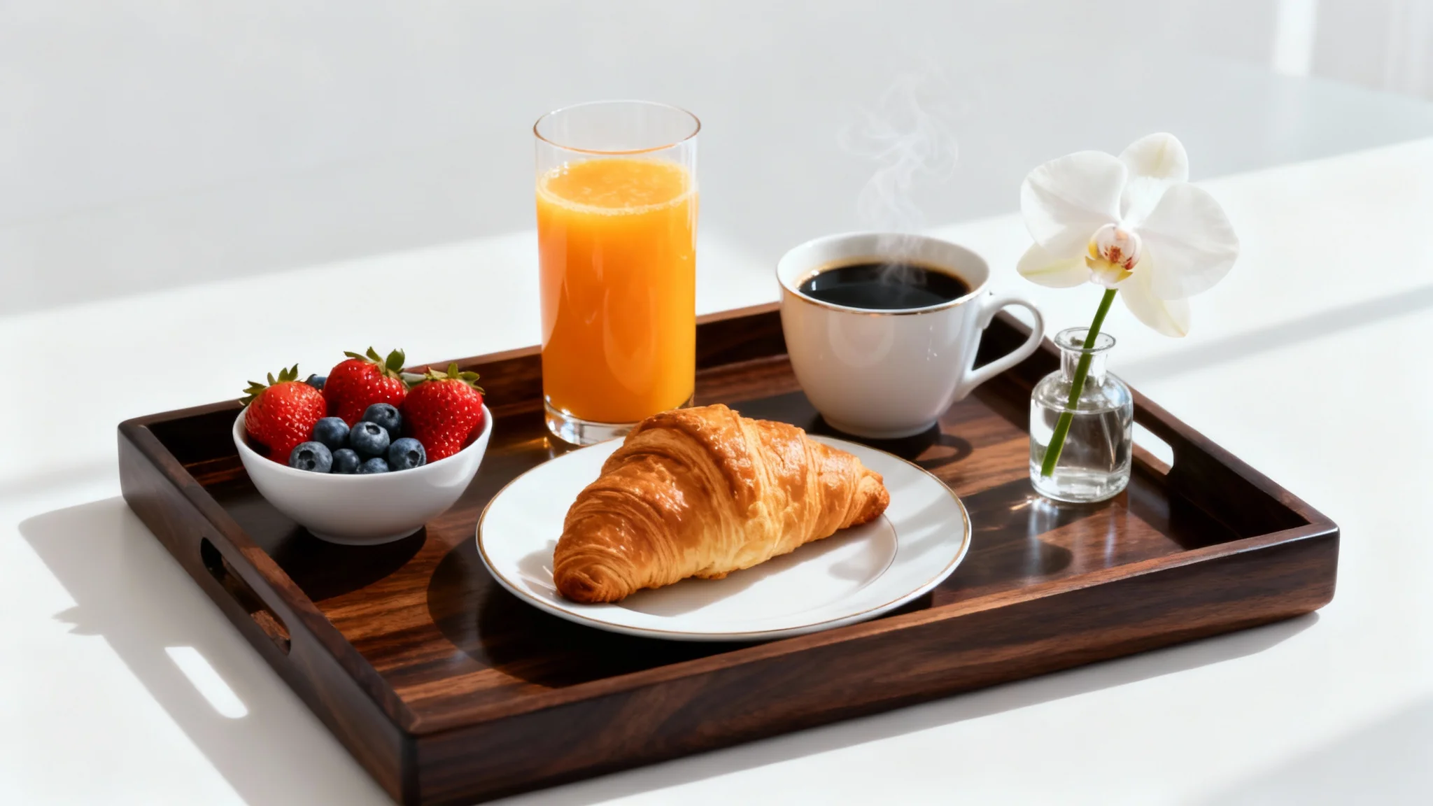 A close-up of a gourmet breakfast tray with a croissant, fresh berries, orange juice, and coffee, symbolizing a luxurious hotel experience.