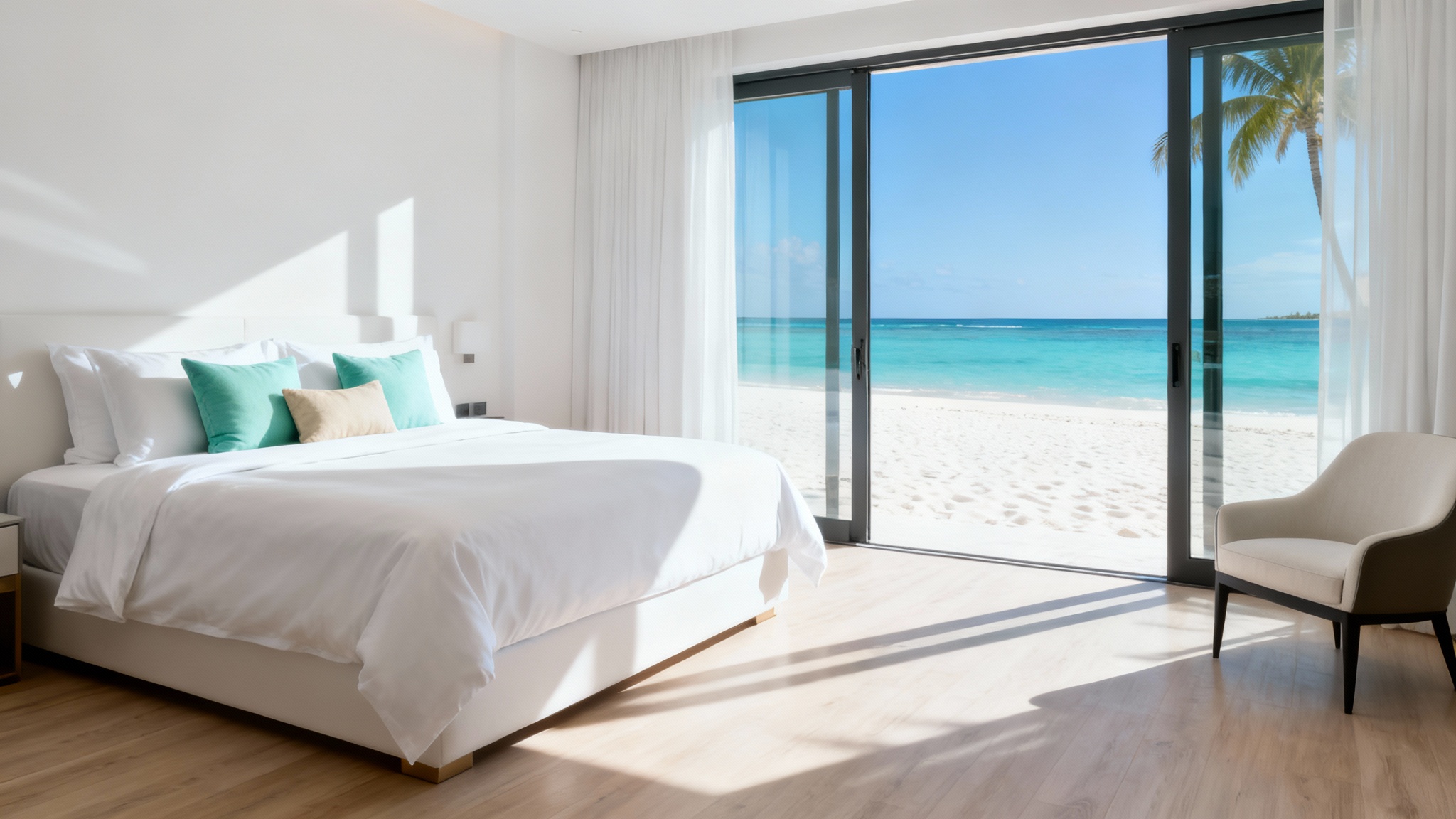 A sunlit luxury hotel room featuring a neatly made bed and a large open doorway leading to a balcony with a view of a tropical beach and ocean.