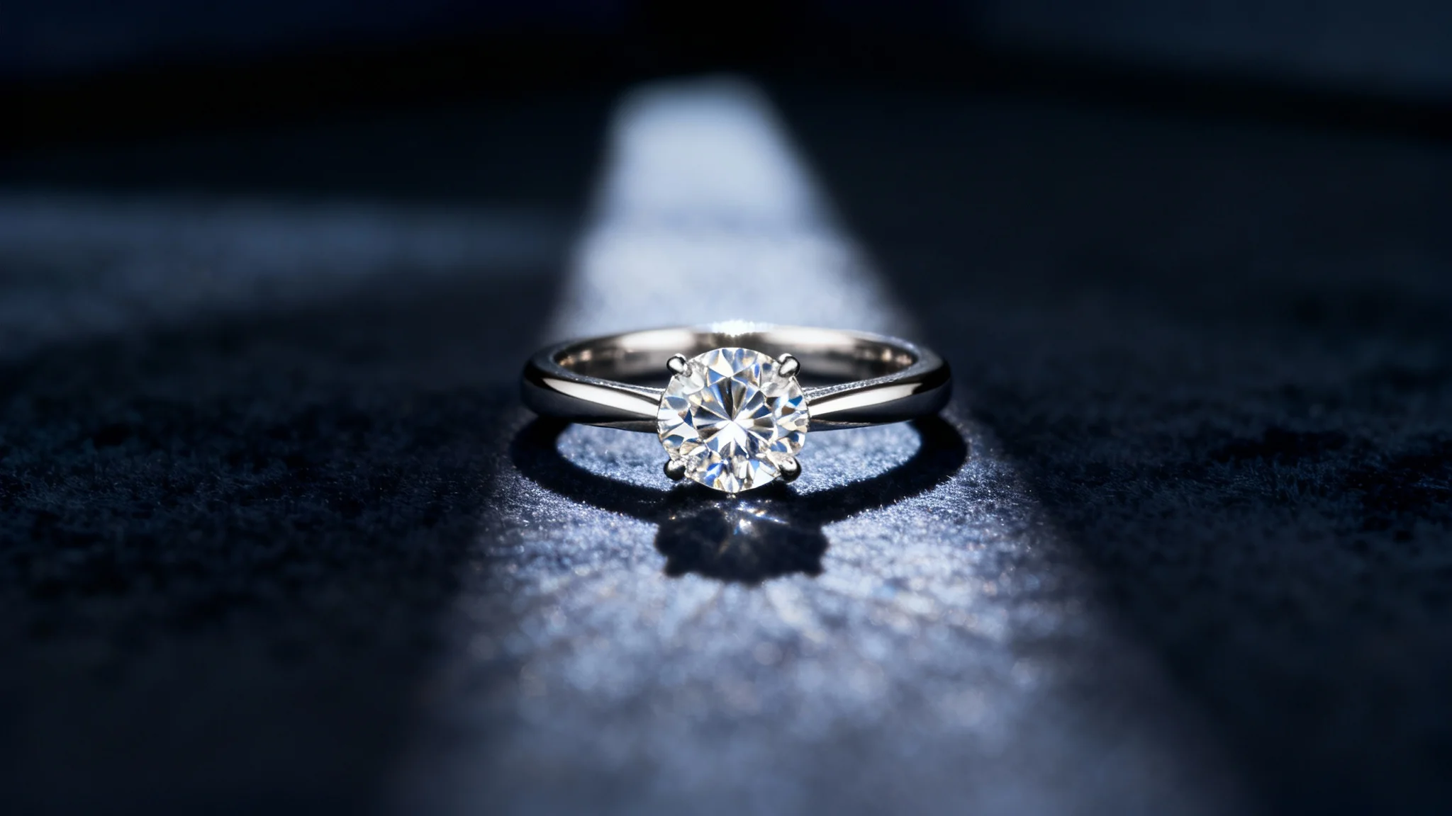 A professional, high-end photograph of a diamond engagement ring on a dark, reflective surface, with dramatic lighting causing the diamond to sparkle.