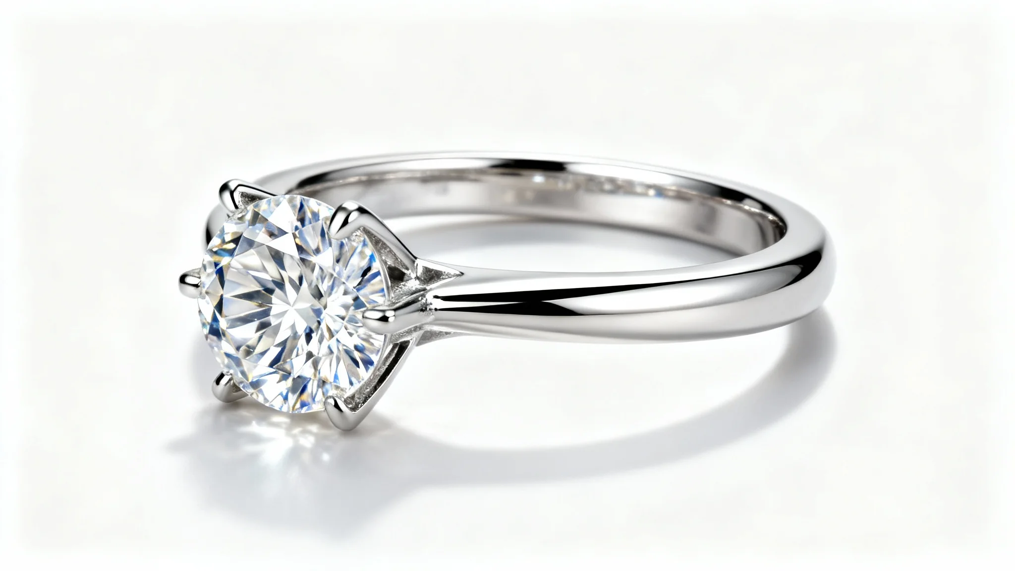A hyper-realistic macro photograph of a luxurious platinum and diamond engagement ring lying on its side, casting a soft shadow on a pristine white background.