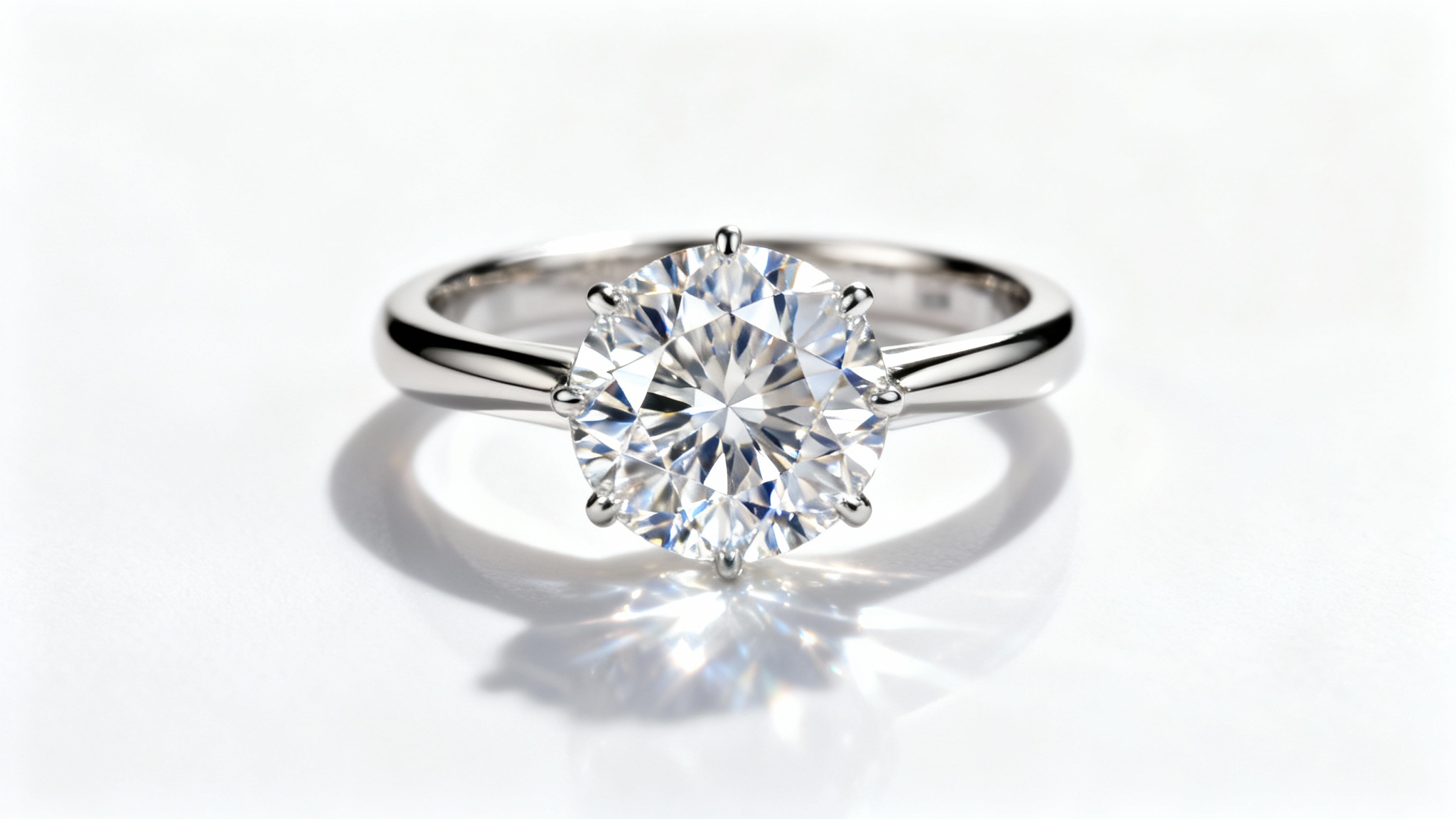 An elegant, hyper-realistic macro shot of a platinum solitaire diamond engagement ring, professionally lit and resting on a pure white surface, highlighting its sparkle and craftsmanship.
