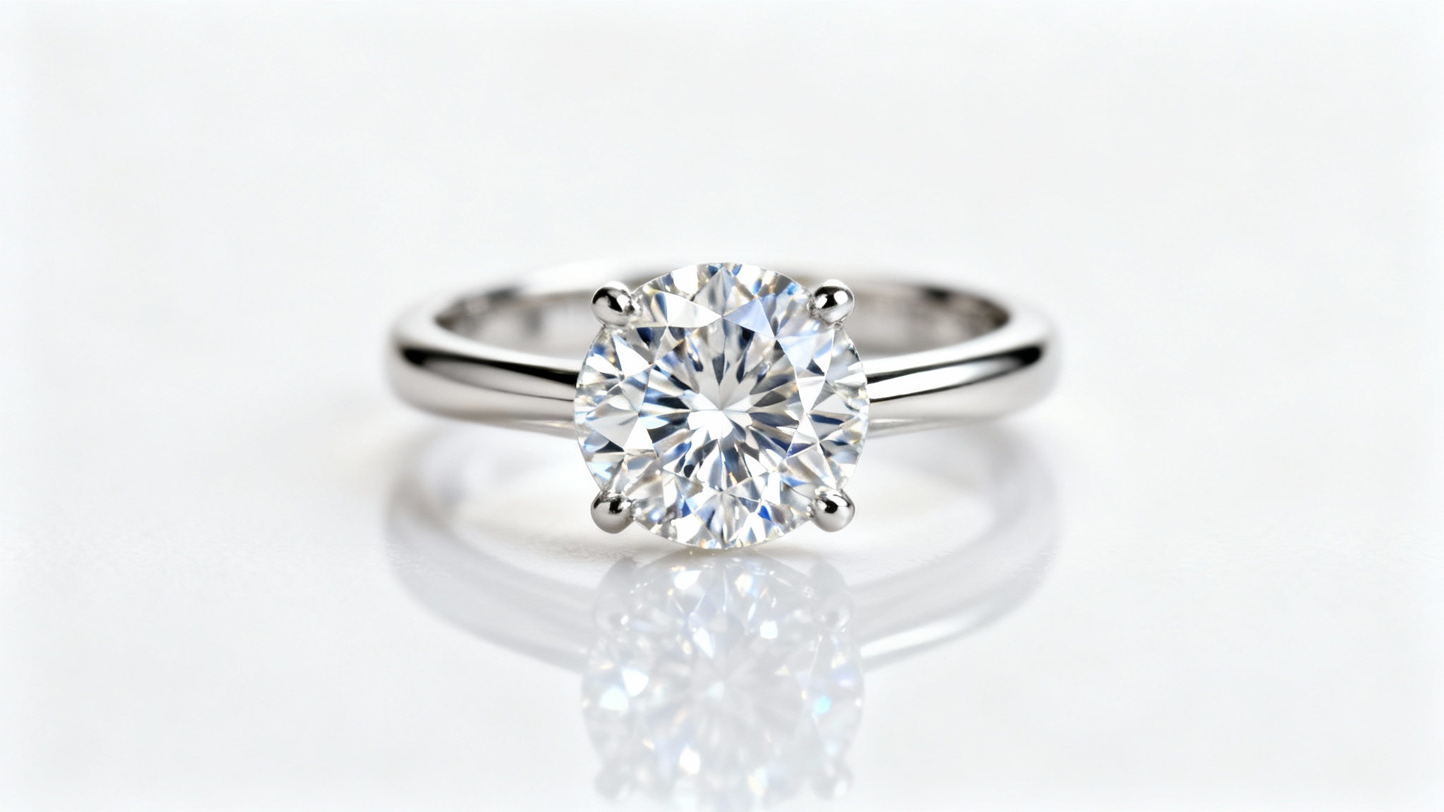 A close-up, professional photograph of a brilliant-cut diamond engagement ring made of white gold, set against a clean, minimalist white background, highlighting its sparkle and luxury.