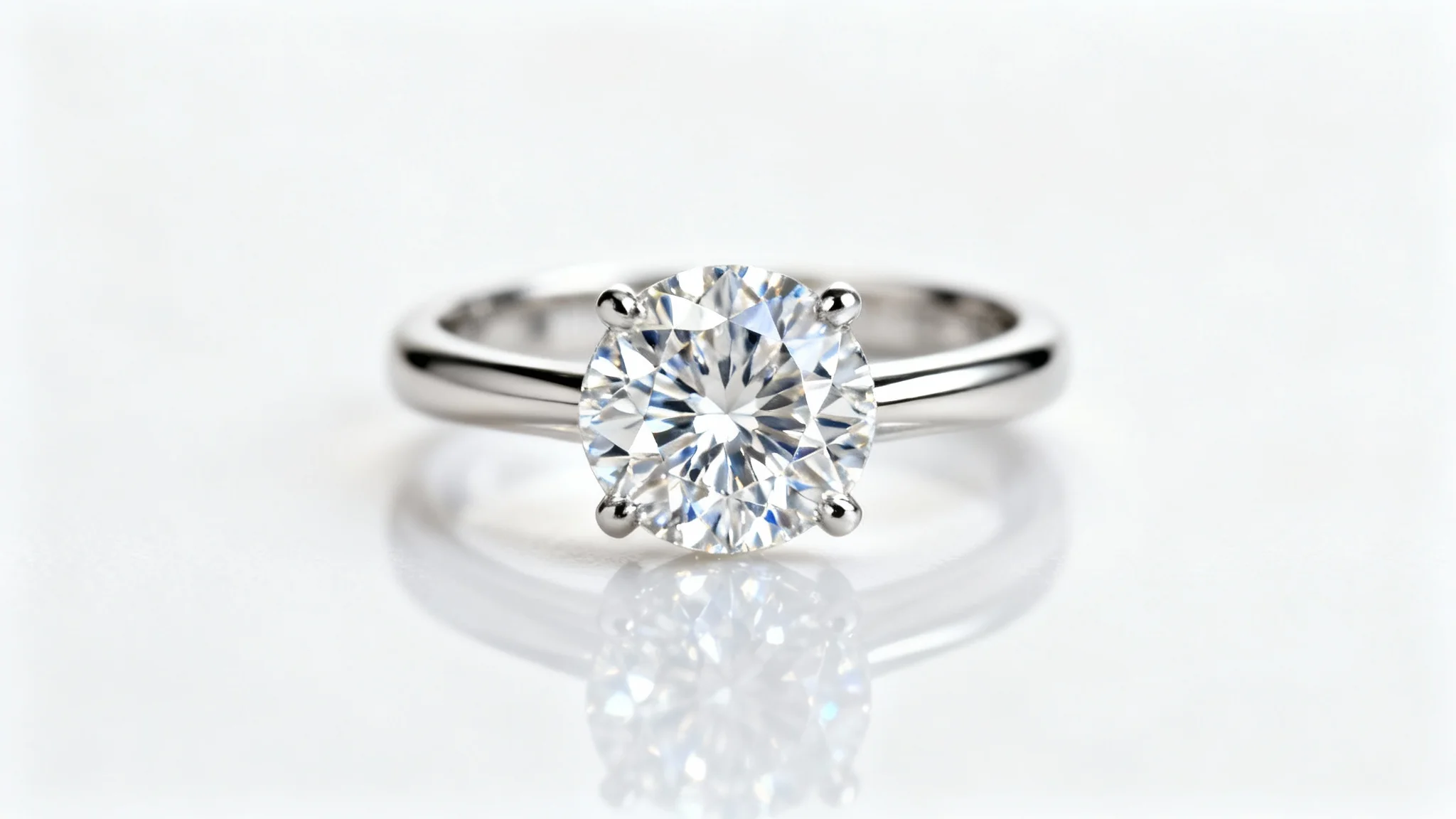 A close-up, professional photograph of a brilliant-cut diamond engagement ring made of white gold, set against a clean, minimalist white background, highlighting its sparkle and luxury.