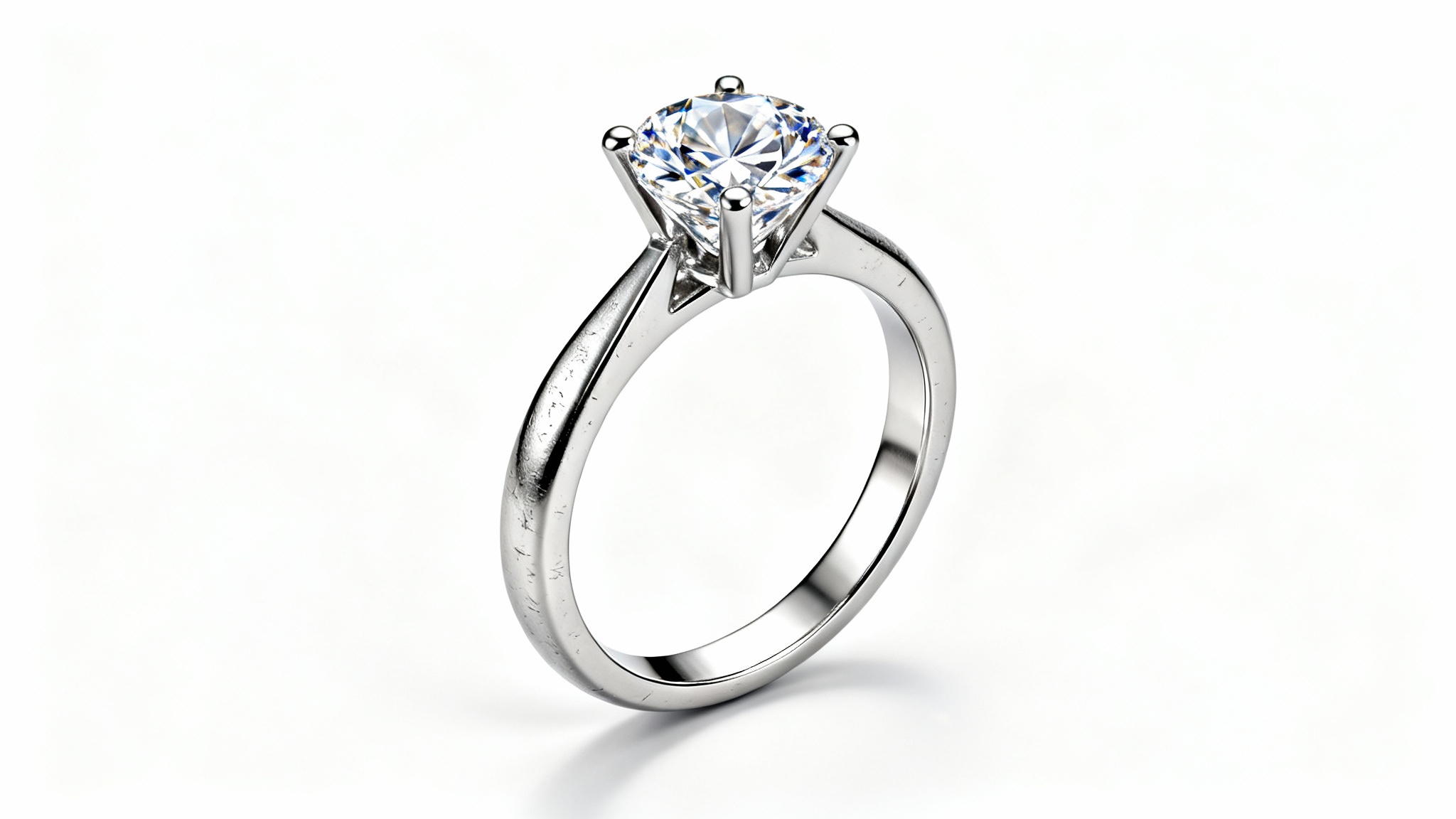 A hyper-realistic studio photograph of a platinum solitaire diamond engagement ring, shown in extreme close-up against a clean white background.