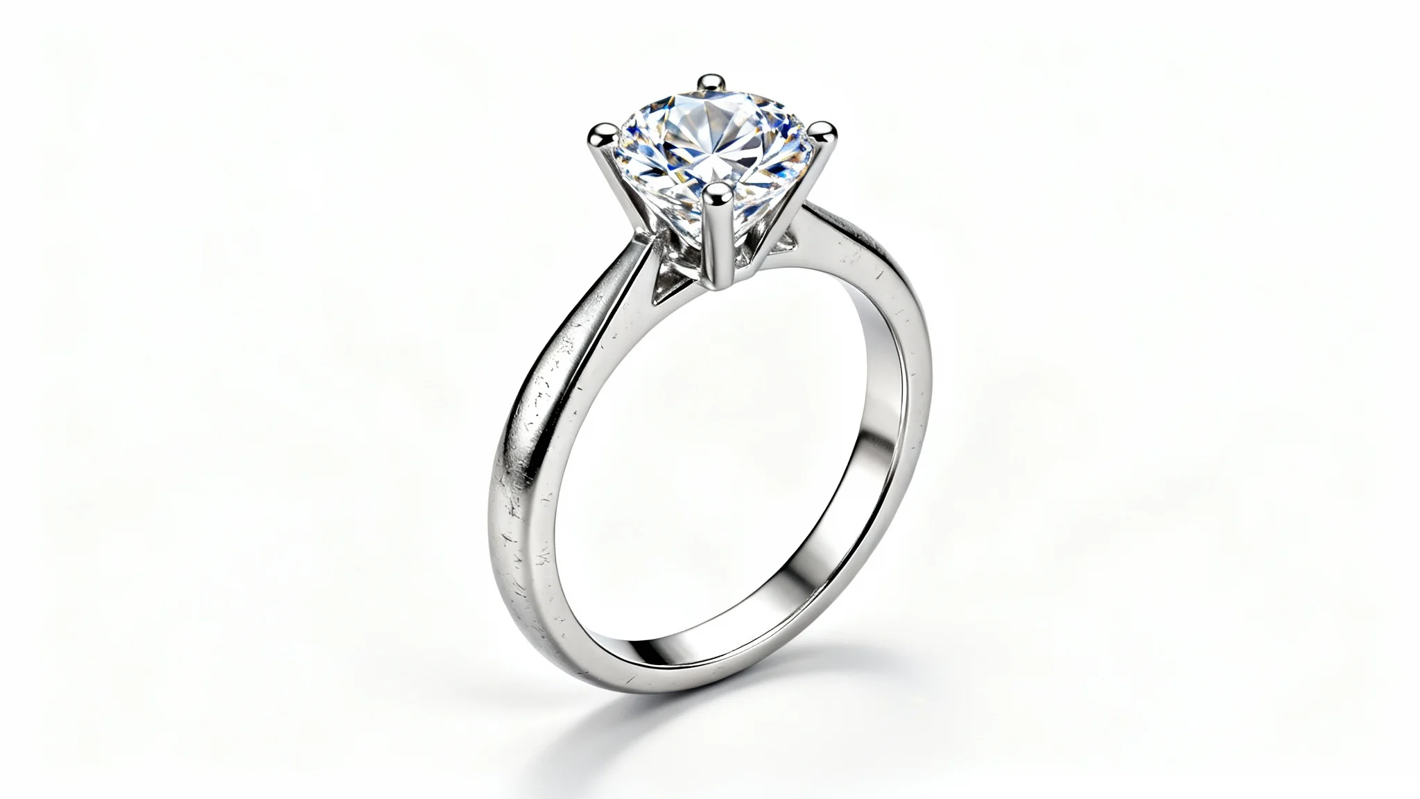 A hyper-realistic studio photograph of a platinum solitaire diamond engagement ring, shown in extreme close-up against a clean white background.