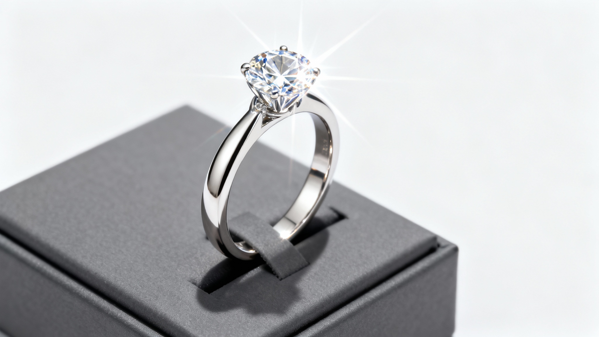 A professional, high-end macro photograph of a diamond engagement ring on a display stand, set against a stark white background, emphasizing its sparkle and detail.