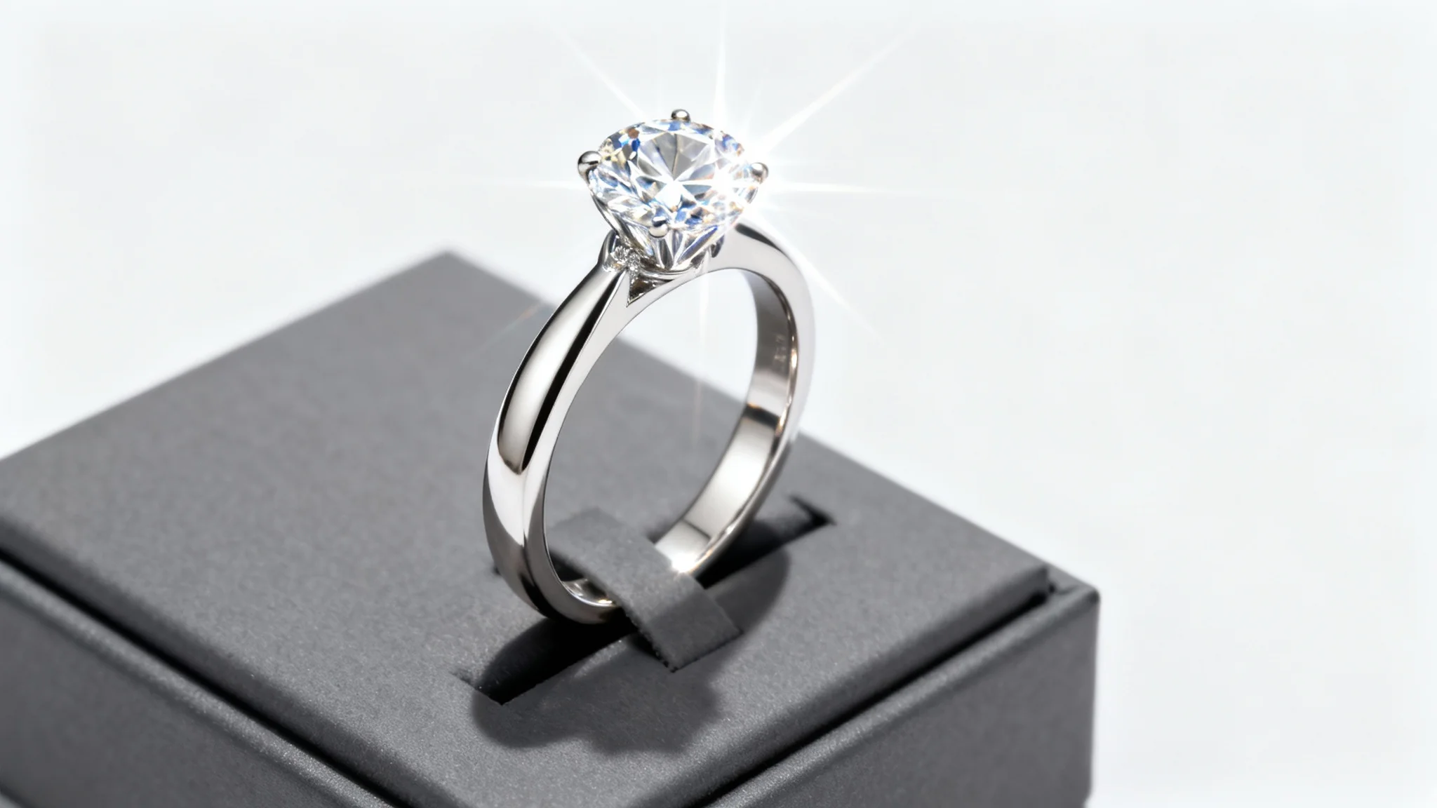 A professional, high-end macro photograph of a diamond engagement ring on a display stand, set against a stark white background, emphasizing its sparkle and detail.