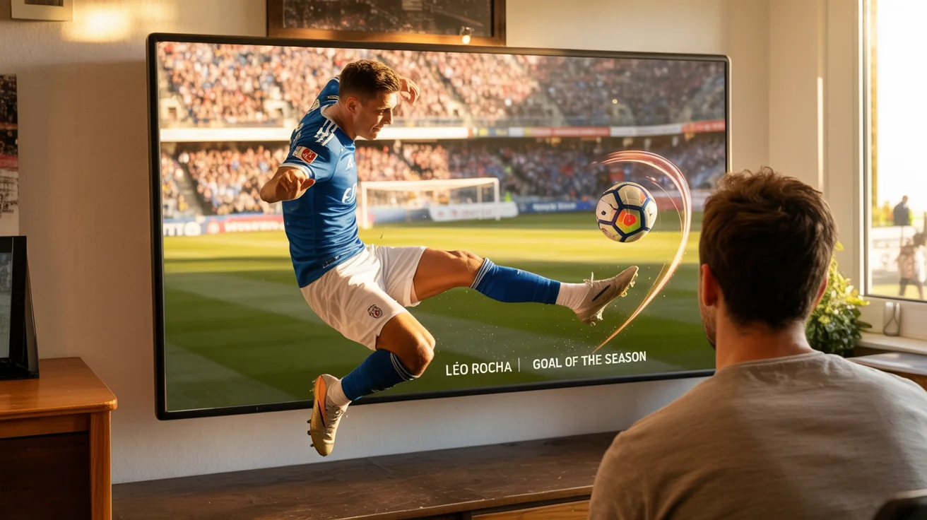 A professional still from an edited football highlight video showing a player scoring a volley, with dramatic stadium lighting and modern text graphics that say 'LÉO ROCHA | GOAL OF THE SEASON'.