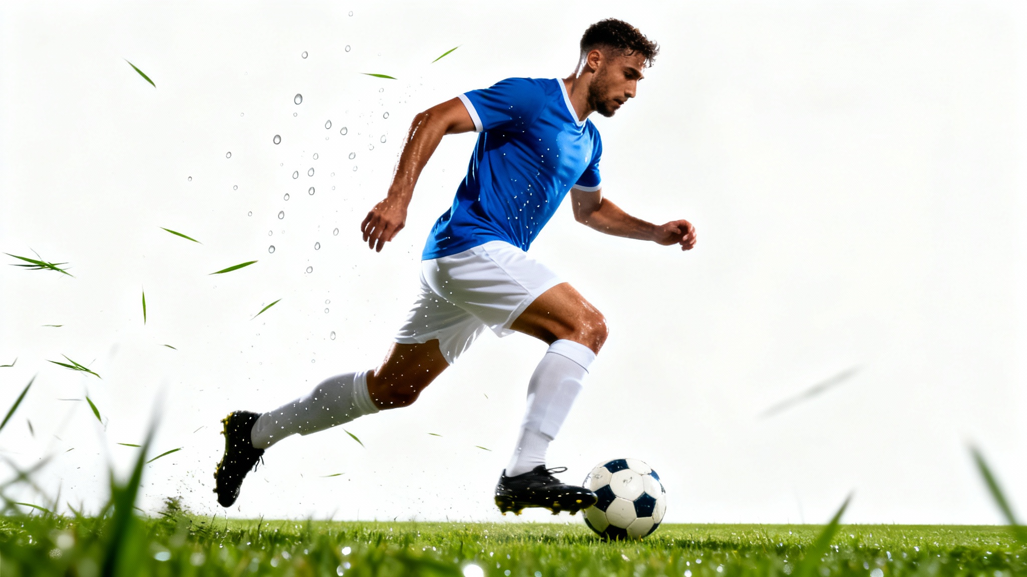 A dynamic, photorealistic image of a football player in a blue and white kit dribbling a soccer ball, captured in mid-action and isolated against a stark white background.