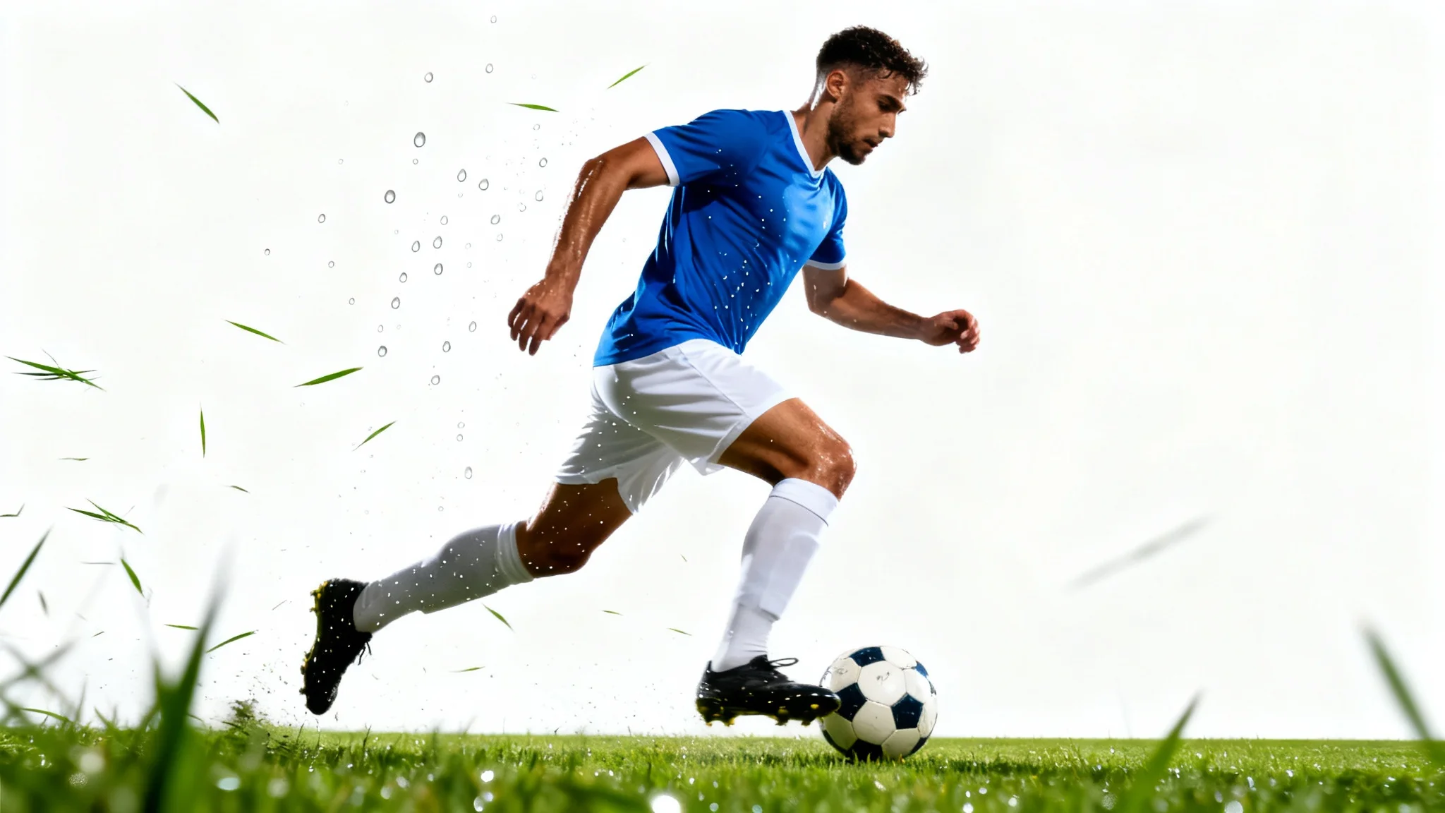 A dynamic, photorealistic image of a football player in a blue and white kit dribbling a soccer ball, captured in mid-action and isolated against a stark white background.