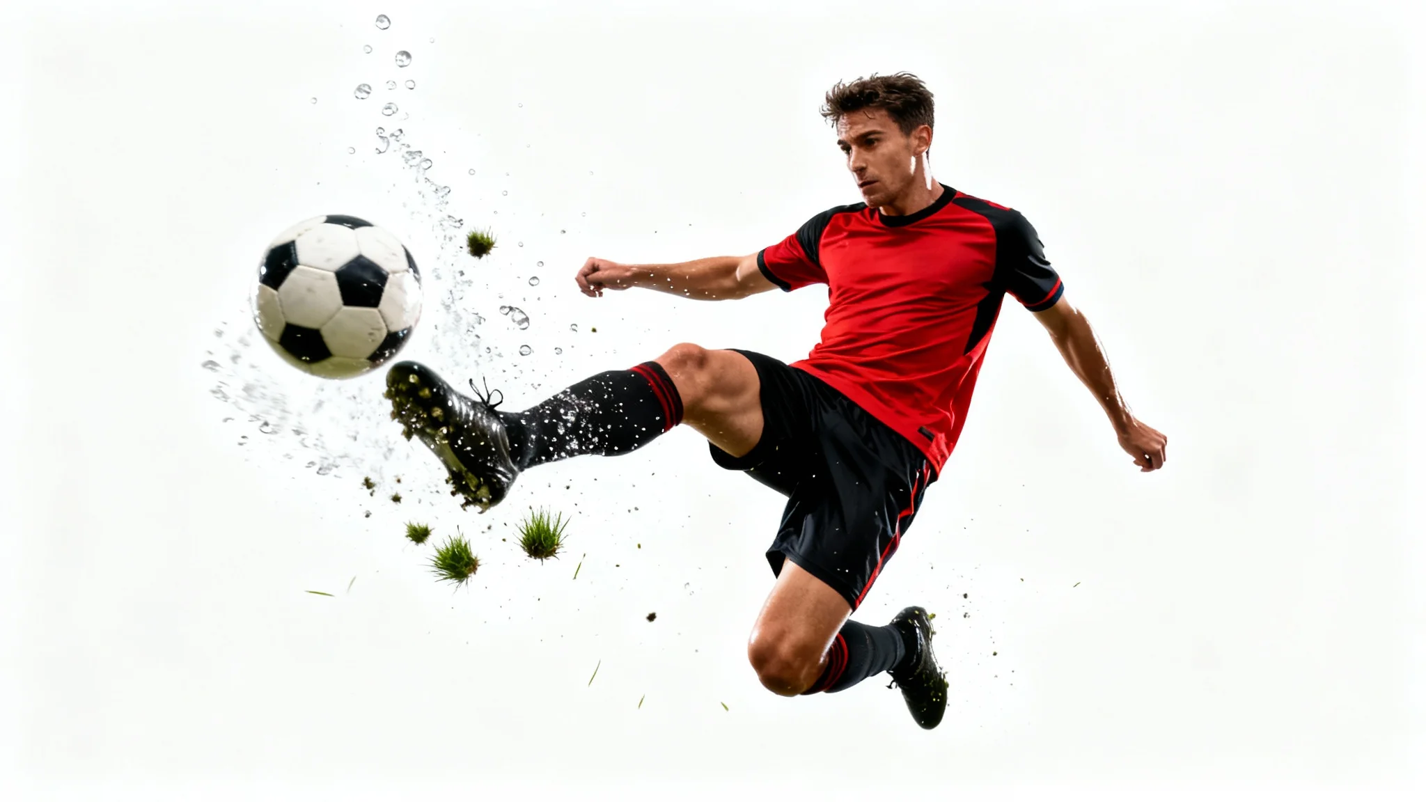 A football player in a red and black kit is captured mid-air, kicking a soccer ball with force against a clean white background, creating a dynamic action shot.