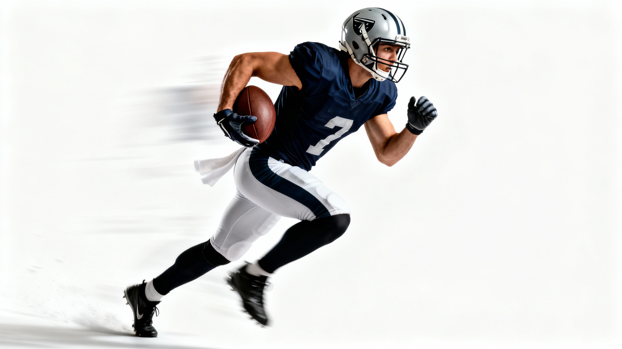 An action photograph of an American football player running at full speed with a football, set against a clean white background to emphasize the motion and power of the athlete.