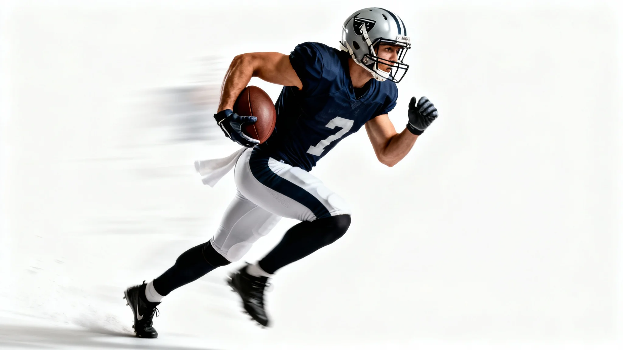 An action photograph of an American football player running at full speed with a football, set against a clean white background to emphasize the motion and power of the athlete.