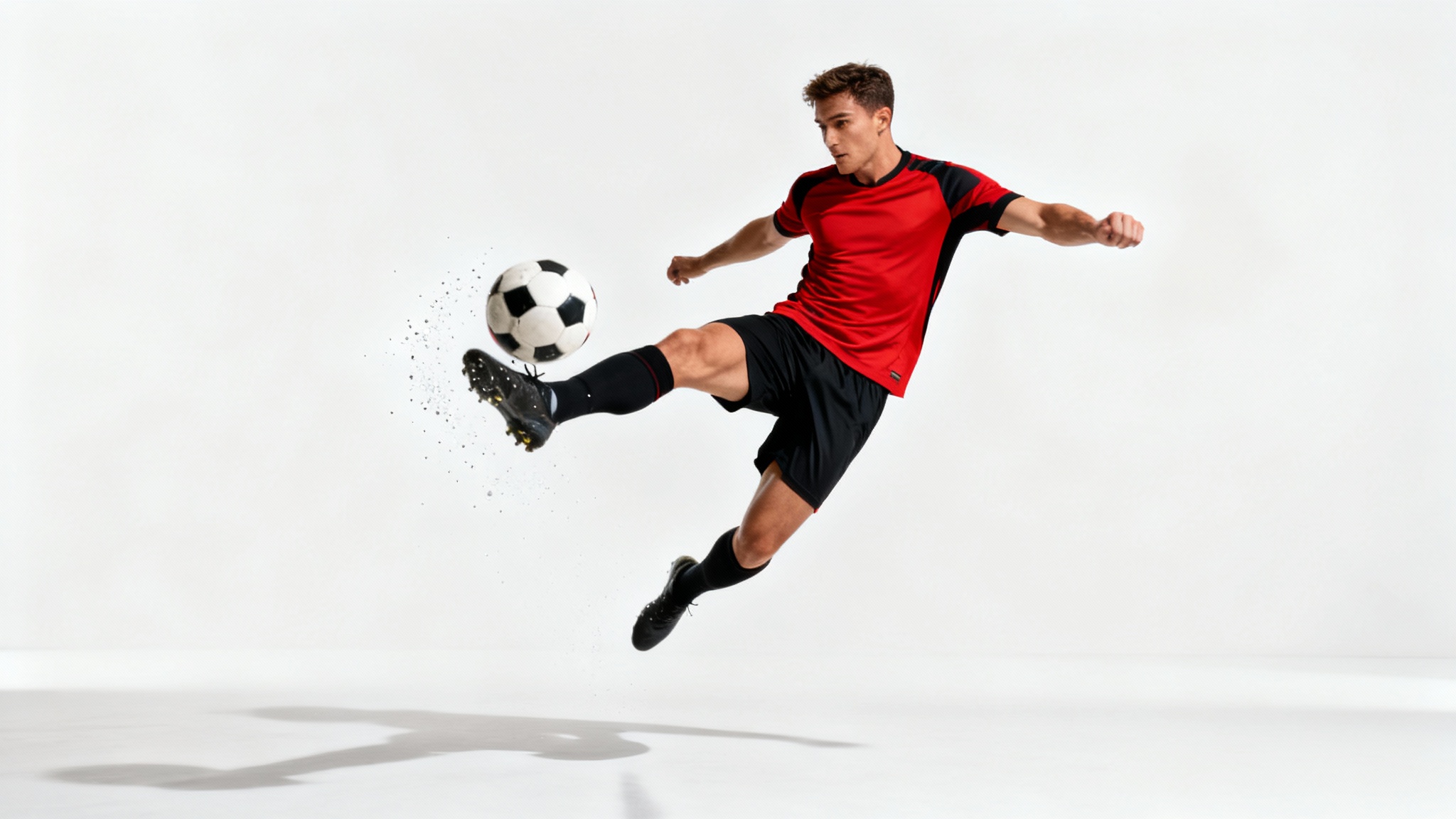 A football player in a red and black kit is captured mid-air, kicking a soccer ball powerfully against a clean white background.