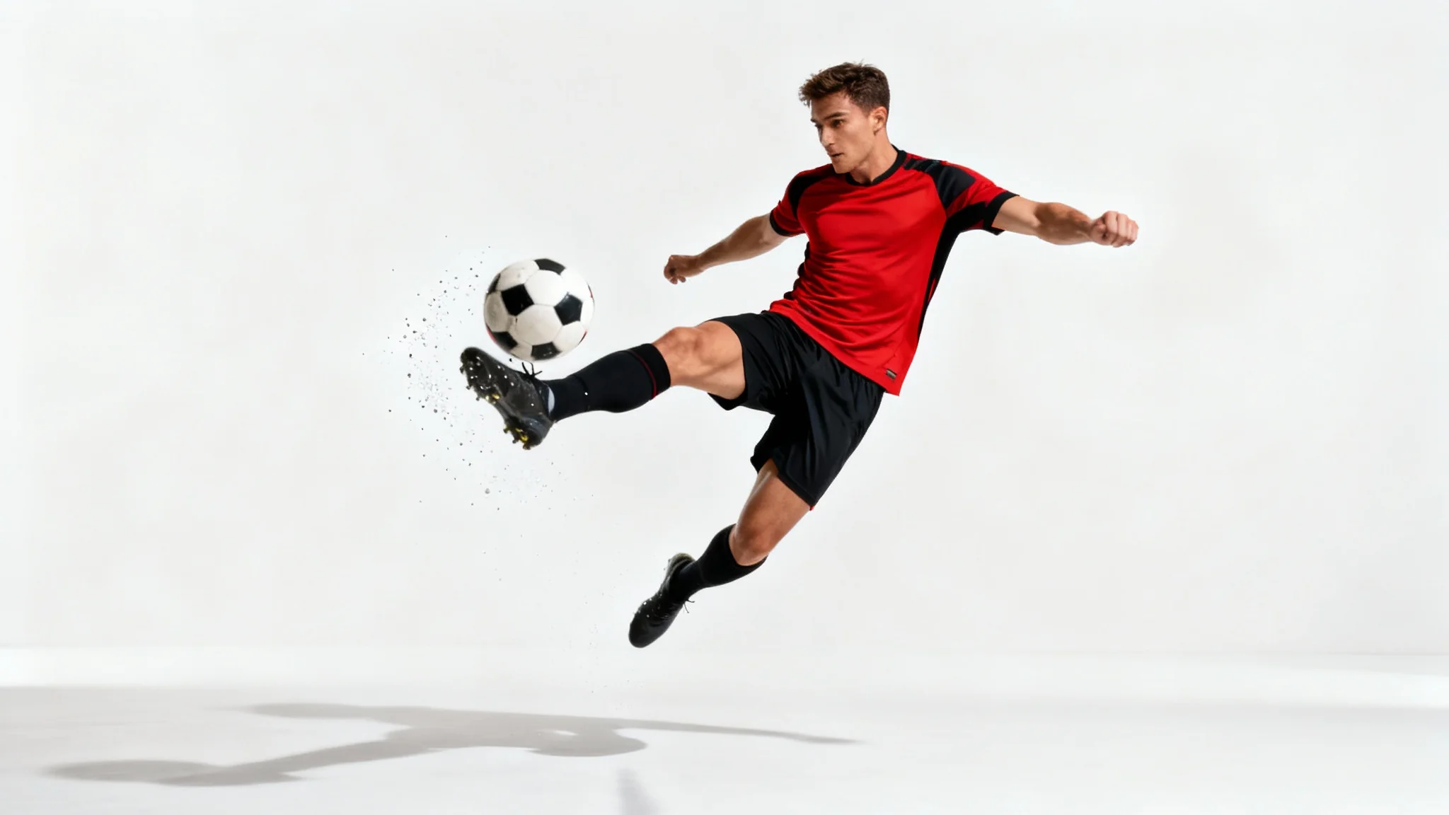 A football player in a red and black kit is captured mid-air, kicking a soccer ball powerfully against a clean white background.
