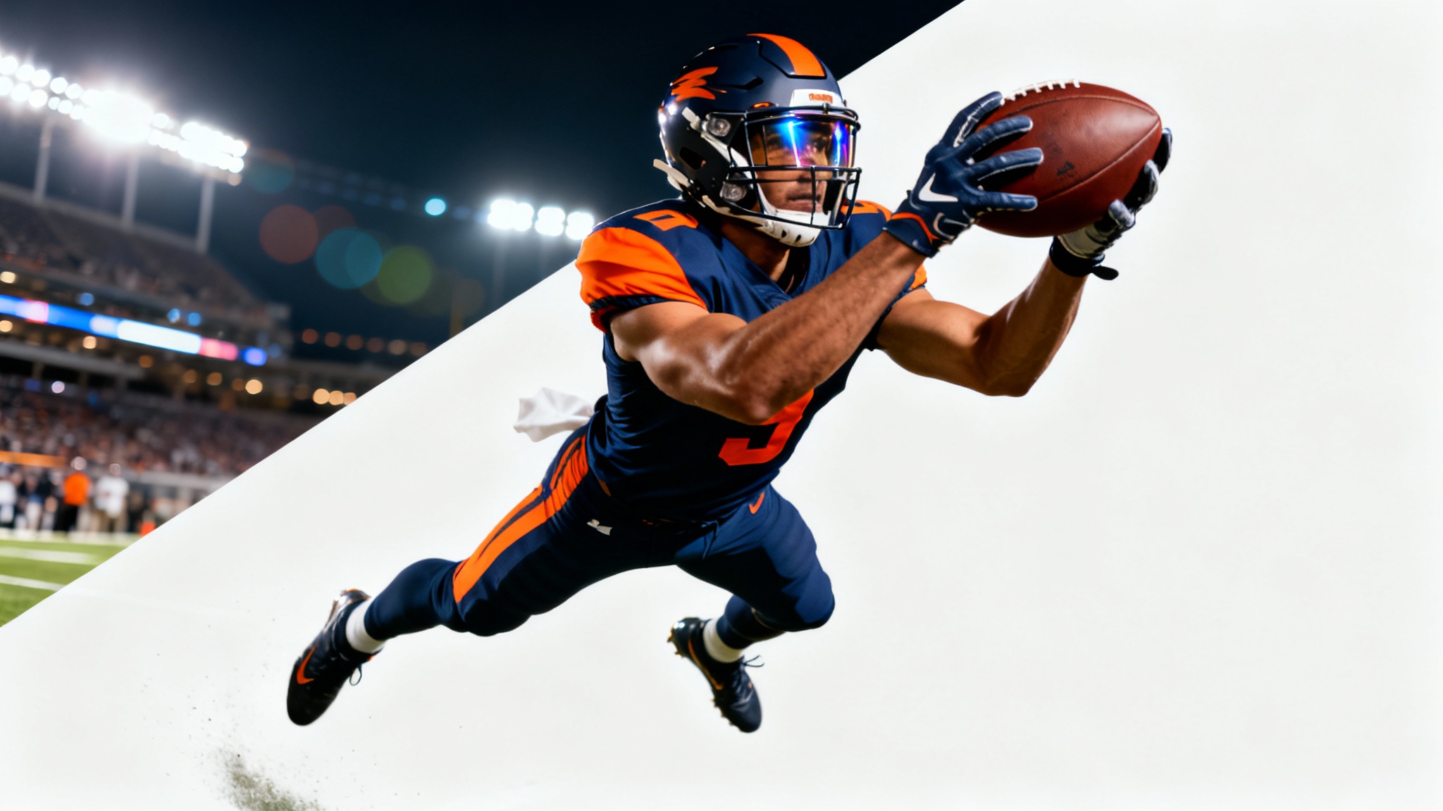 A dynamic action shot of an American football player in a blue and orange uniform, leaping to catch a football under bright stadium lights, isolated on a white background.