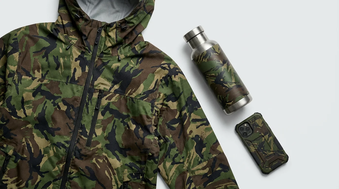 A product flat lay on a gray background showing a jacket, water bottle, and phone case all decorated with the same detailed jungle camouflage pattern of greens, browns, and blacks.