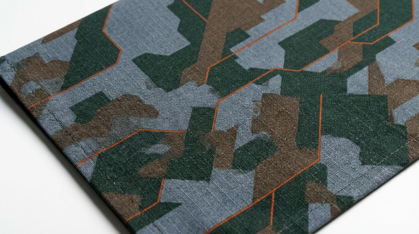 A top-down, detailed view of a modern digital camouflage fabric, featuring geometric shapes in shades of gray, green, and brown with orange highlights, displayed against a clean white background.