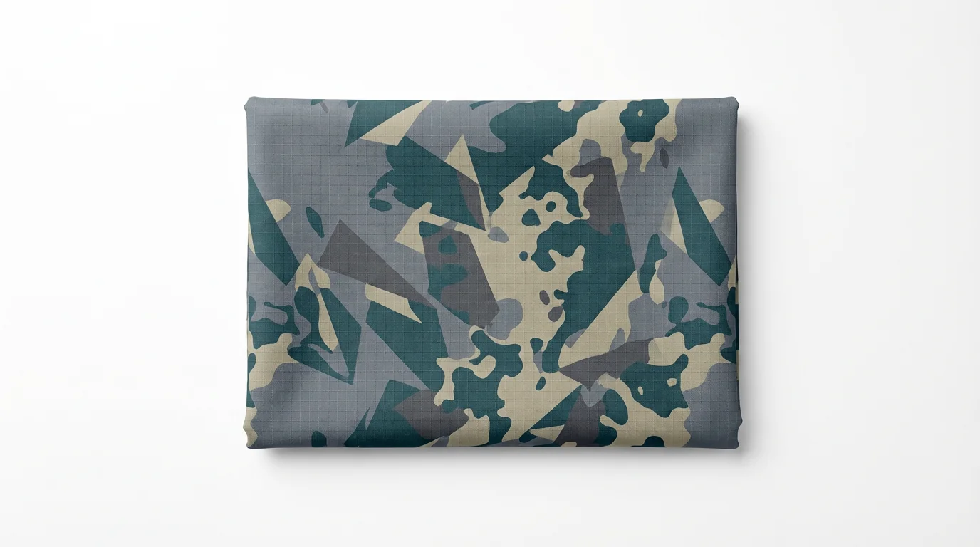 A flat lay mockup of a piece of fabric with a modern camouflage pattern in gray, teal, and sand colors, displayed on a clean white background.