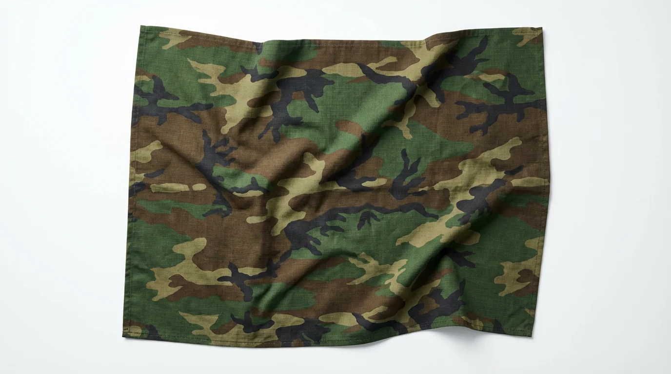 A photorealistic top-down view of a folded piece of durable fabric with a modern woodland camouflage pattern in shades of green, brown, and black, set against a clean white background.