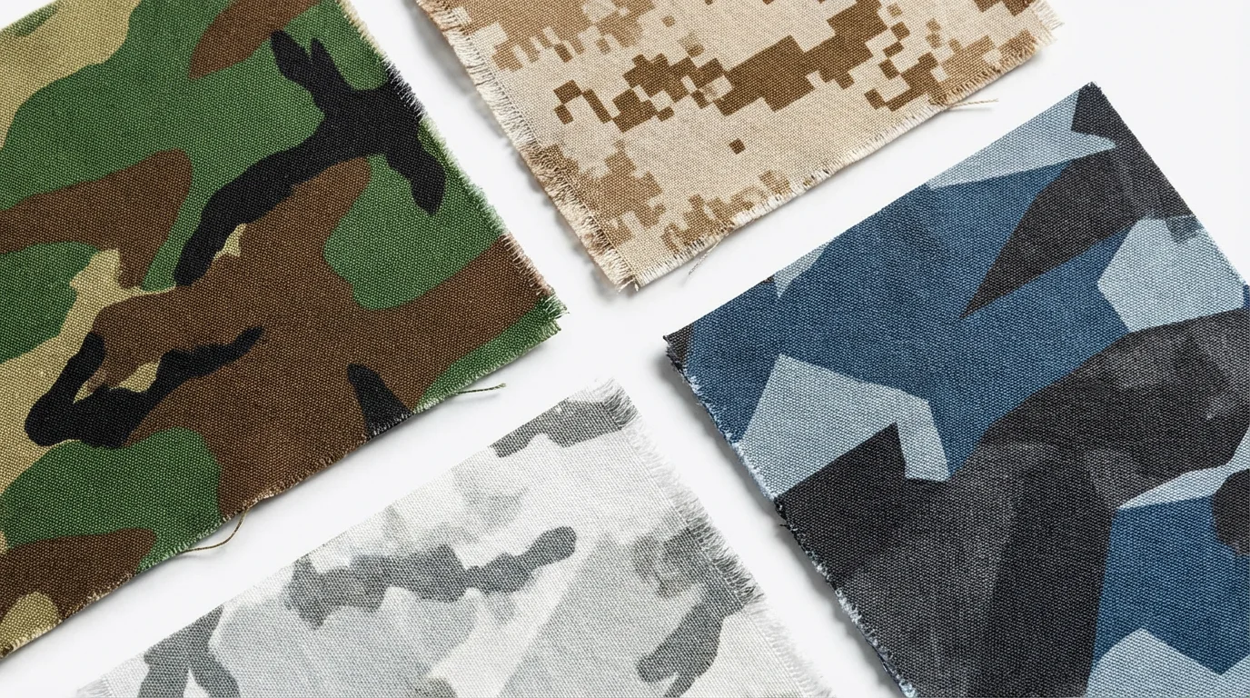 A flat lay arrangement of different fabric swatches, each displaying a unique camouflage pattern, including woodland, desert digital, and arctic styles, on a clean white background.