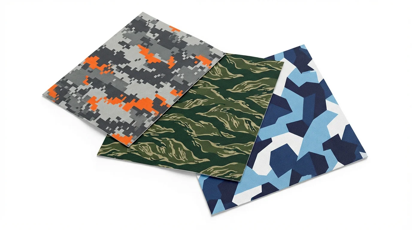 A clean product mockup showcasing three different modern camouflage pattern swatches, digital pixel, organic tiger-stripe, and geometric splinter, arranged on a white background.