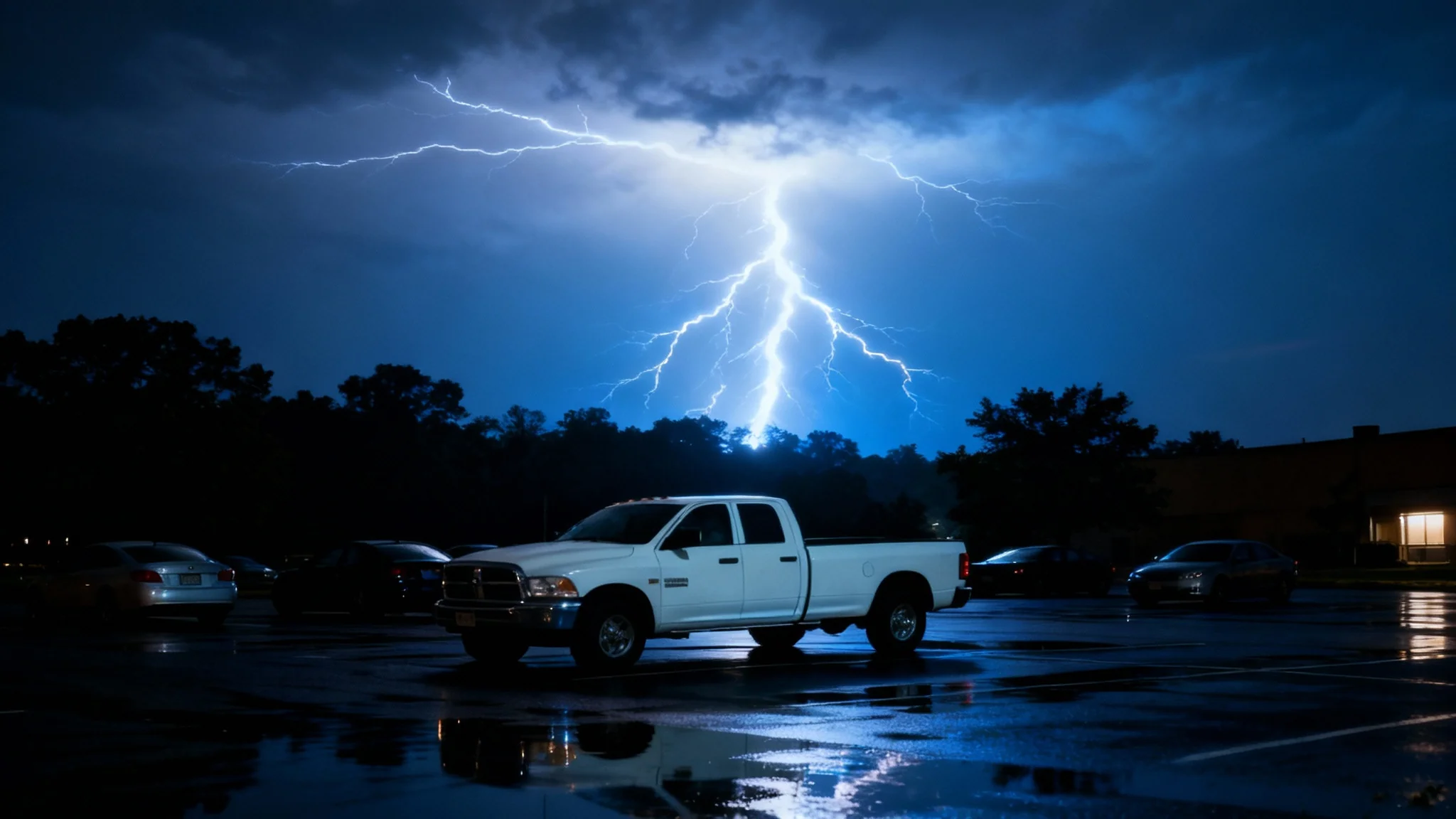 A dramatic nighttime photo of a parking lot during a thunderstorm, enhanced with a spectacular lightning effect. A massive, forking lightning bolt illuminates the dark sky and reflects off the wet ground where a white pickup truck is parked.