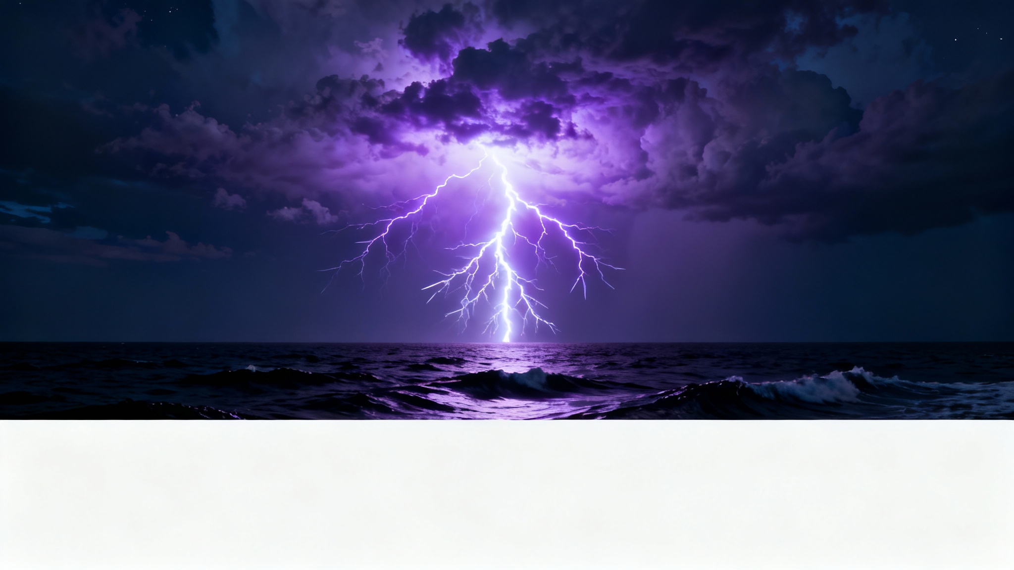 A photorealistic image showcasing a lightning overlay effect, with a massive purple and white lightning bolt striking over a dark ocean under a stormy sky.