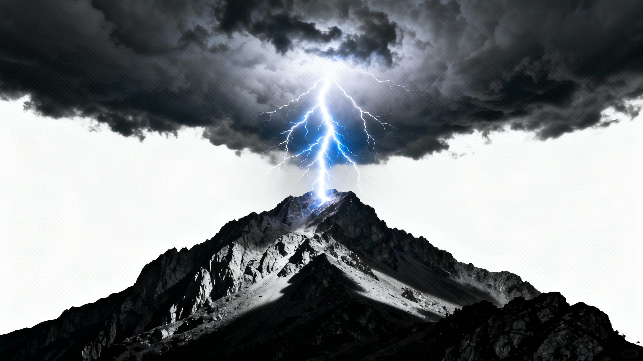 A dramatic photograph demonstrating a lightning overlay, showing a powerful bolt of lightning striking a mountain peak at night from a stormy sky.
