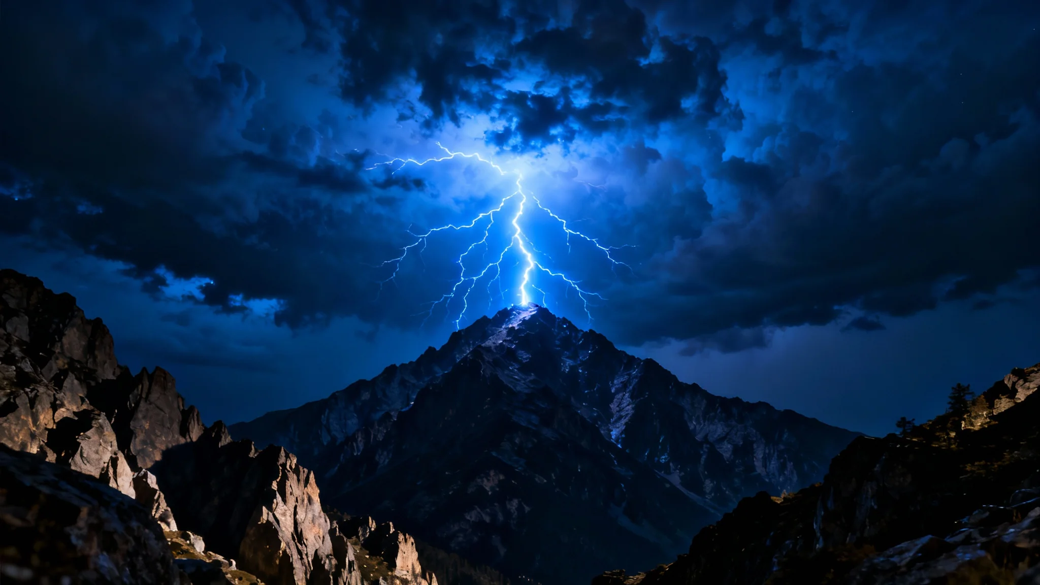 A dramatic, photorealistic image of a massive, electric-blue lightning bolt striking a mountain peak during a fierce storm, demonstrating a powerful lightning overlay effect.