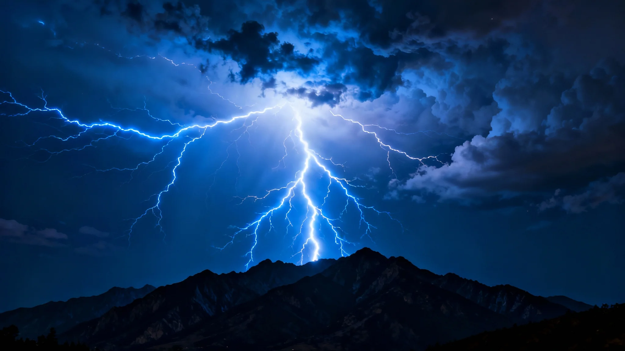 A dramatic photorealistic image of a powerful storm over mountains, showcasing a lightning overlay with a massive, bright blue and white lightning bolt illuminating the dark sky.