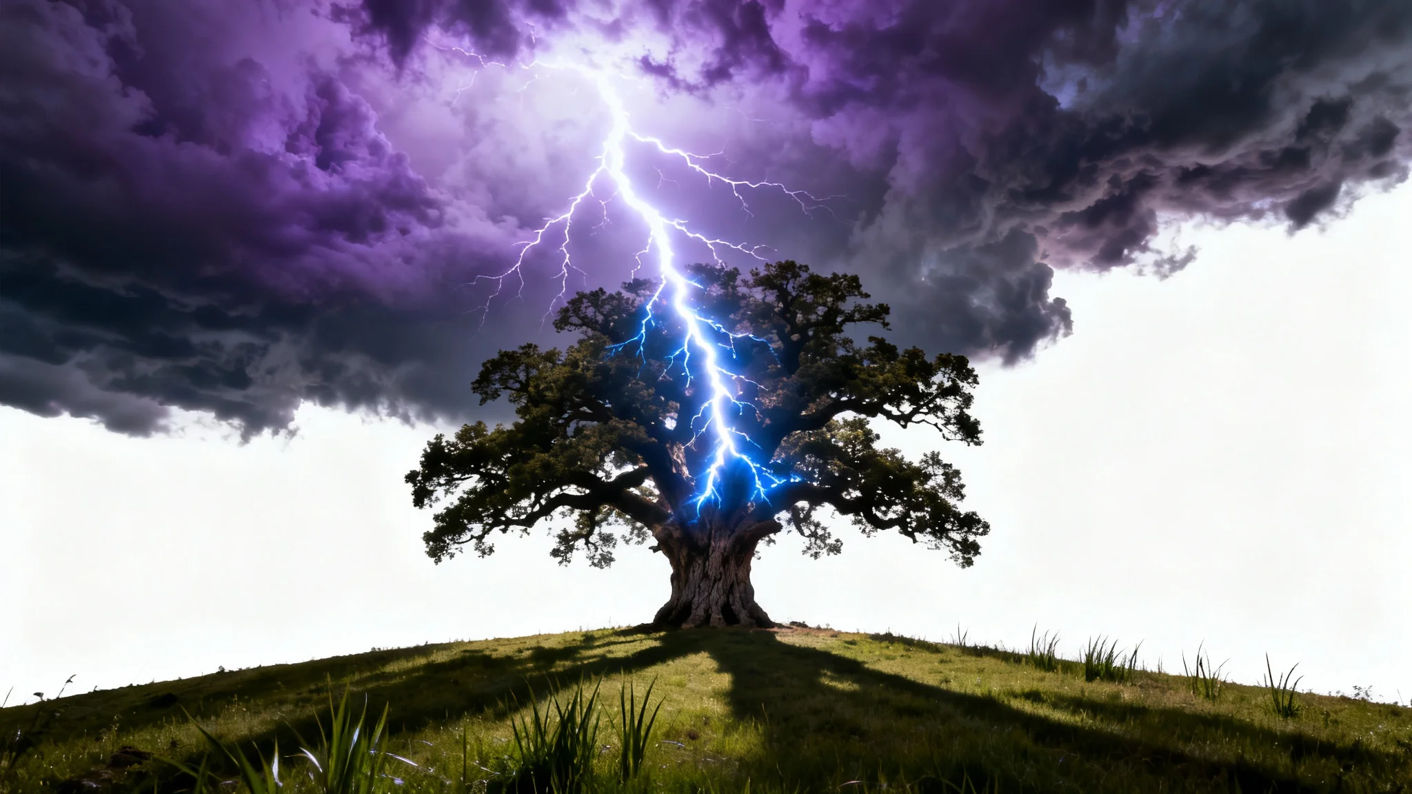 A dramatic mockup demonstrating a lightning overlay, featuring a powerful bolt of lightning striking a lone tree on a hill against a stormy sky, all presented on a clean white background.