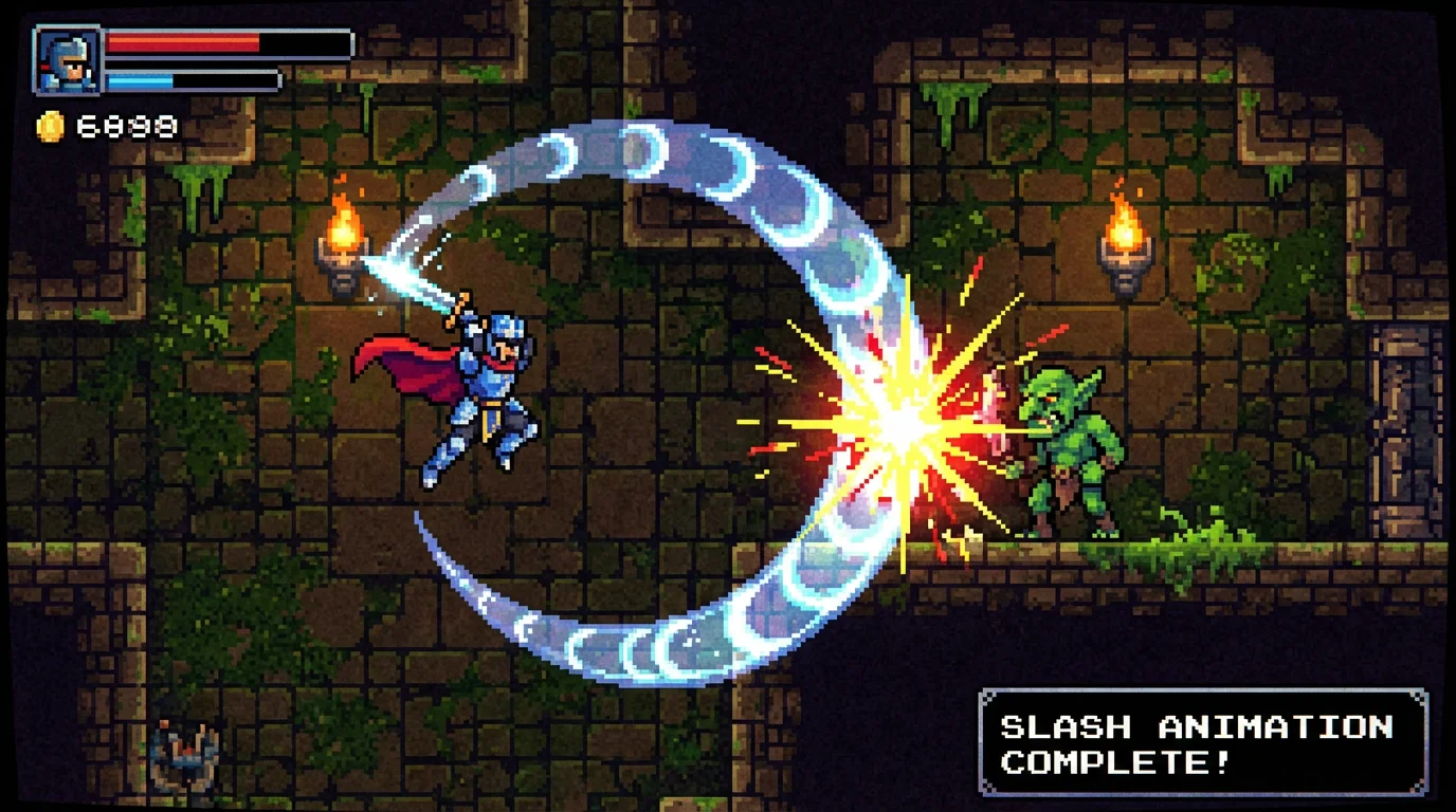 A 16-bit pixel art video game scene where a hero character's sword slash is visualized as a bright, glowing animated arc, demonstrating a complete sprite sheet animation in action against a goblin.