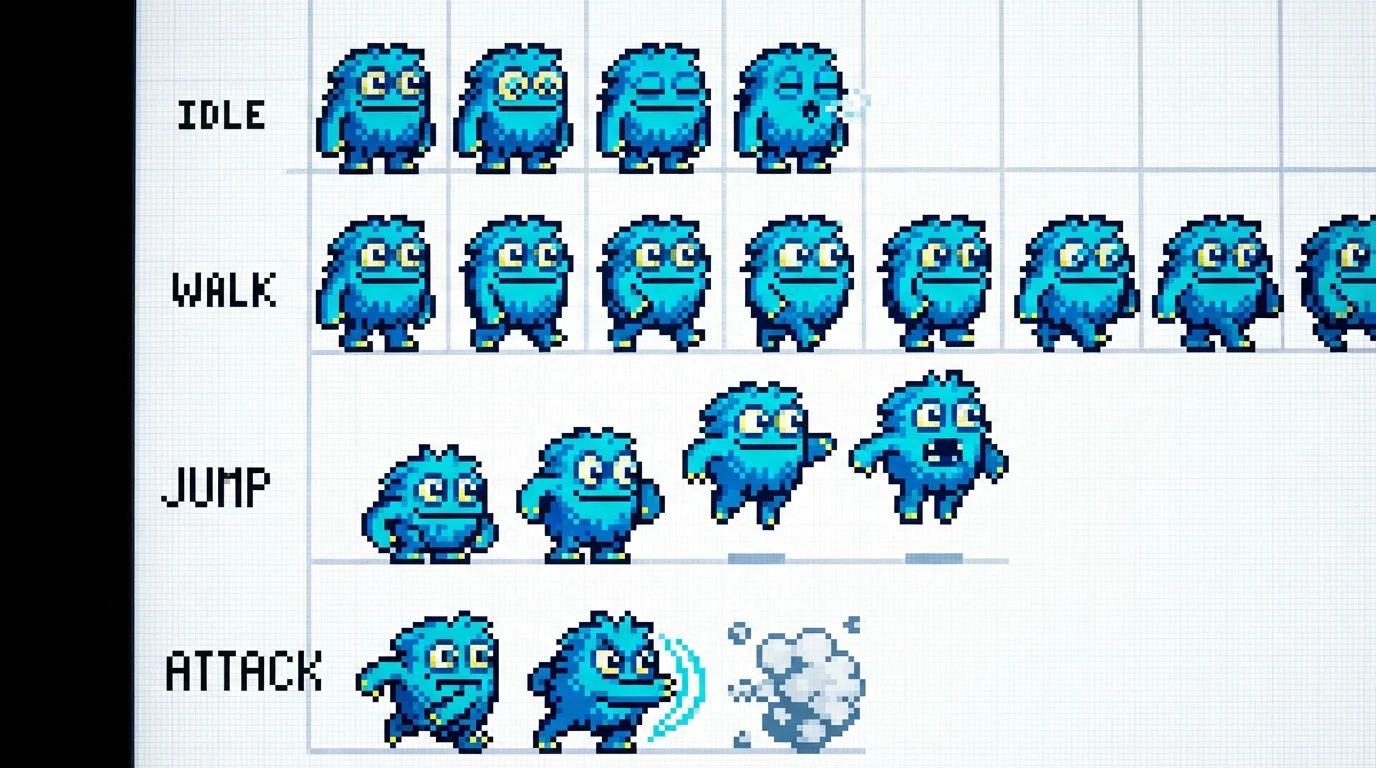 A colorful pixel art sprite sheet of a small, blue monster character for a video game, showing various animations like walking and jumping, displayed in a grid on a white background.