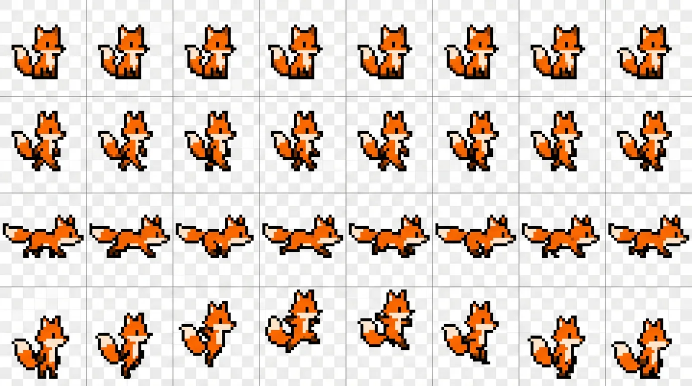A 16-bit pixel art sprite sheet of a fox character, showing animation frames for idle, walking, running, and jumping, all laid out in a grid on a white background.