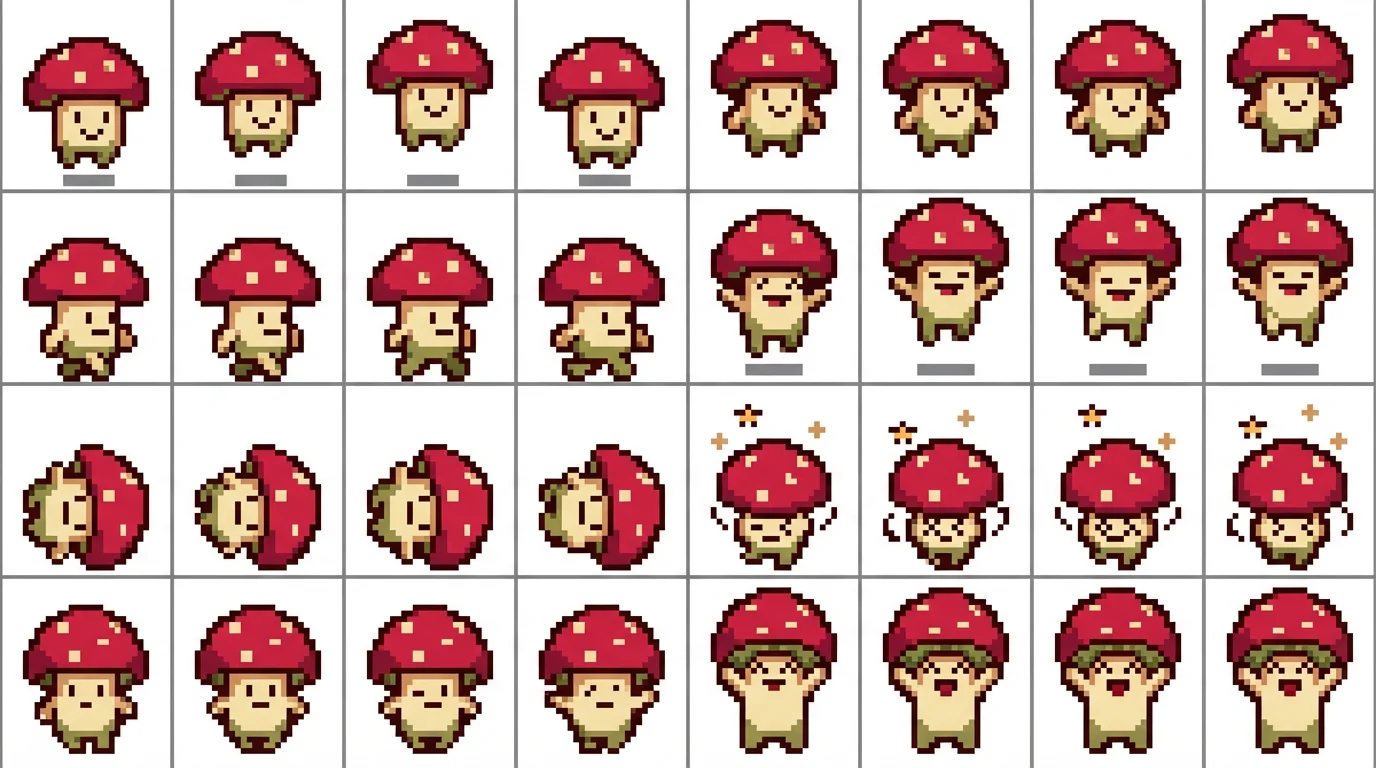 A 16-bit pixel art sprite sheet of a cute mushroom character, showing different animations like walking, jumping, and rolling, all arranged in a neat grid on a white background.