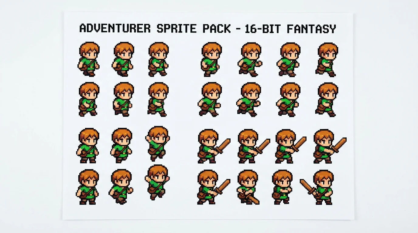 A 16-bit pixel art sprite sheet of a chibi adventurer character, showing animation frames for walking, running, and attacking, all arranged in a neat grid on a plain white background.