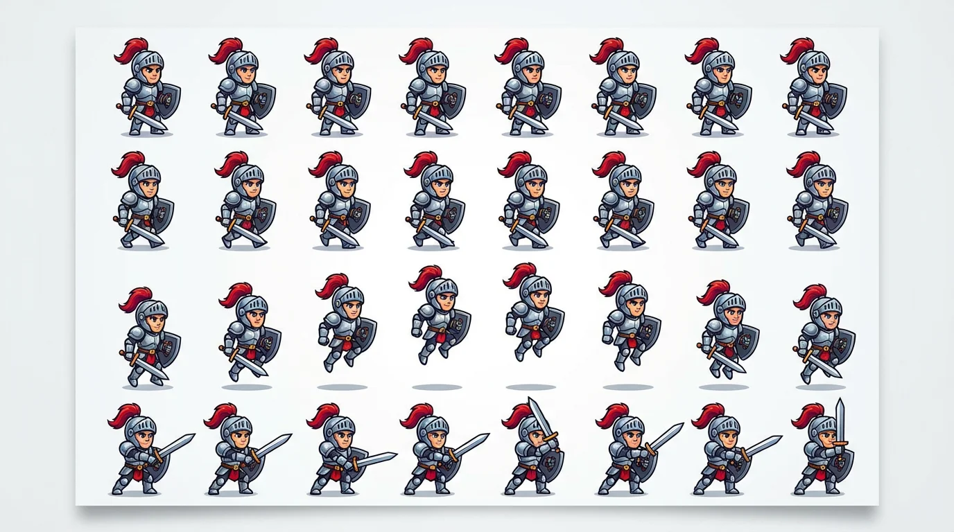 A professional-looking sprite sheet for a 2D cartoon knight character, showing animation frames for walking, jumping, and attacking, arranged in a grid on a white background.