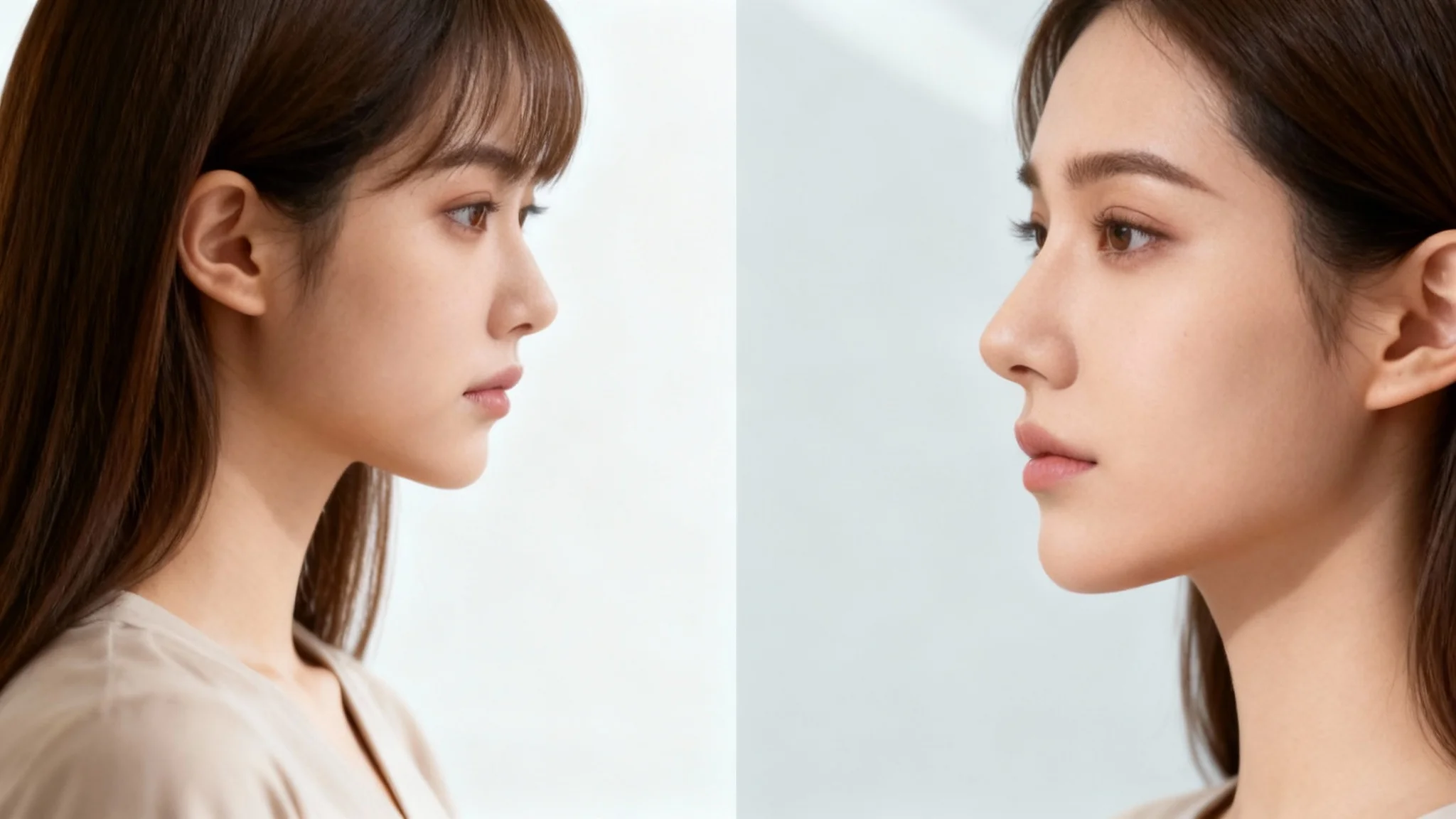 A before-and-after split-screen image showing the result of a nose job simulator. The 'before' side shows a woman's face, and the 'after' side shows the same face with a digitally simulated, refined nose.